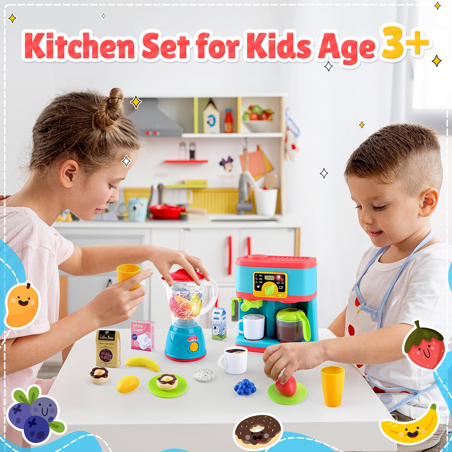 Juego de electrodomésticos de cocina, juego de cocina para niños con cafetera, licuadora de juguetes y alimentos de juego, con luces y sonidos realistas, accesorios de cocina de juguete, regalo 2