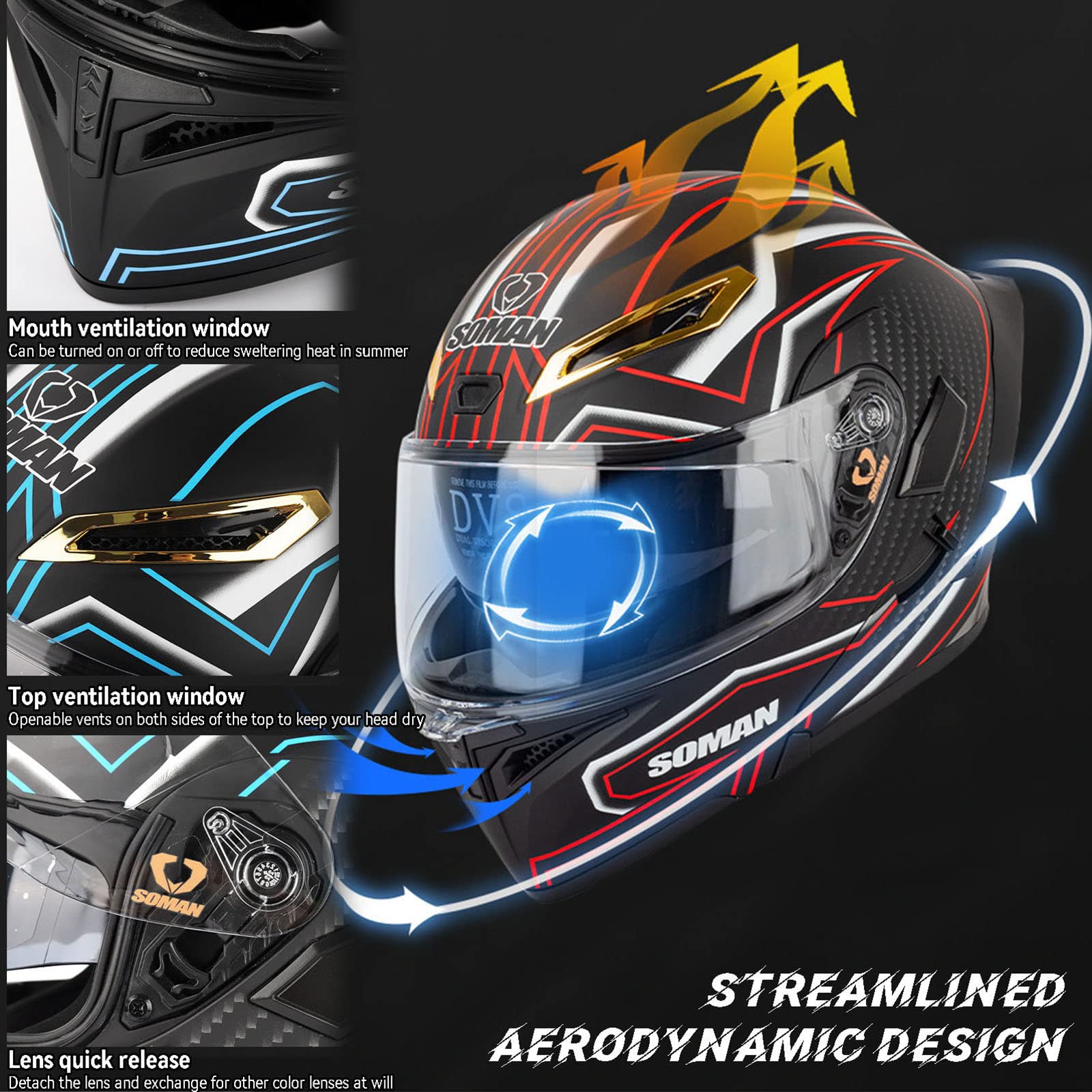 Lightweight Full Face Motorcycle Street Bike Helmet, Dual