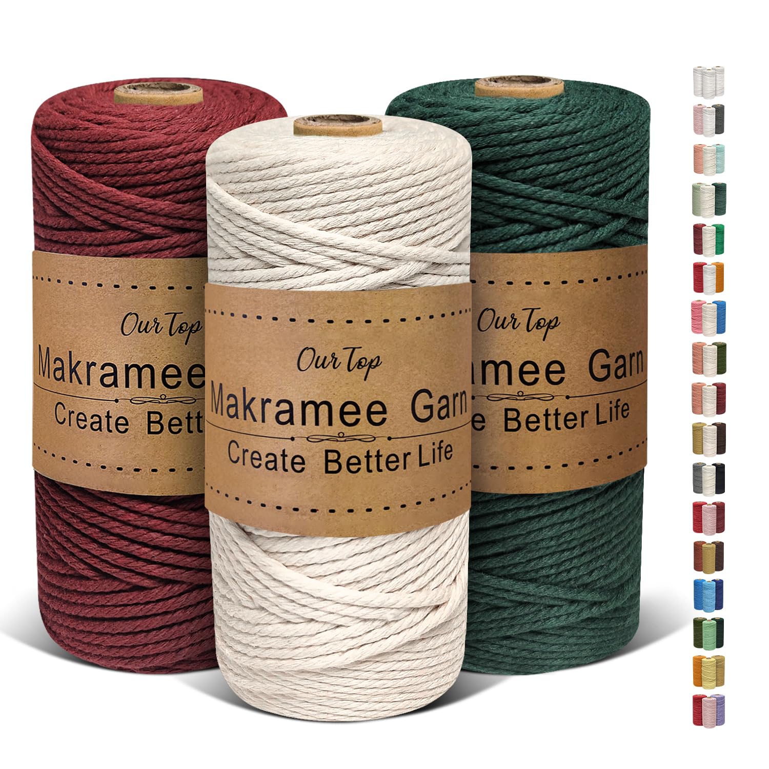 OurTop 3 Rolls Premium Macrame Cord, 3mm x 100m Braided Macrame Rope Twisted Cord Yarn Macrame Yarn Thick Rope for Wall Hangings, Plant Hangers, DIY Crafts(Beige, Wine Red, Dark Green)