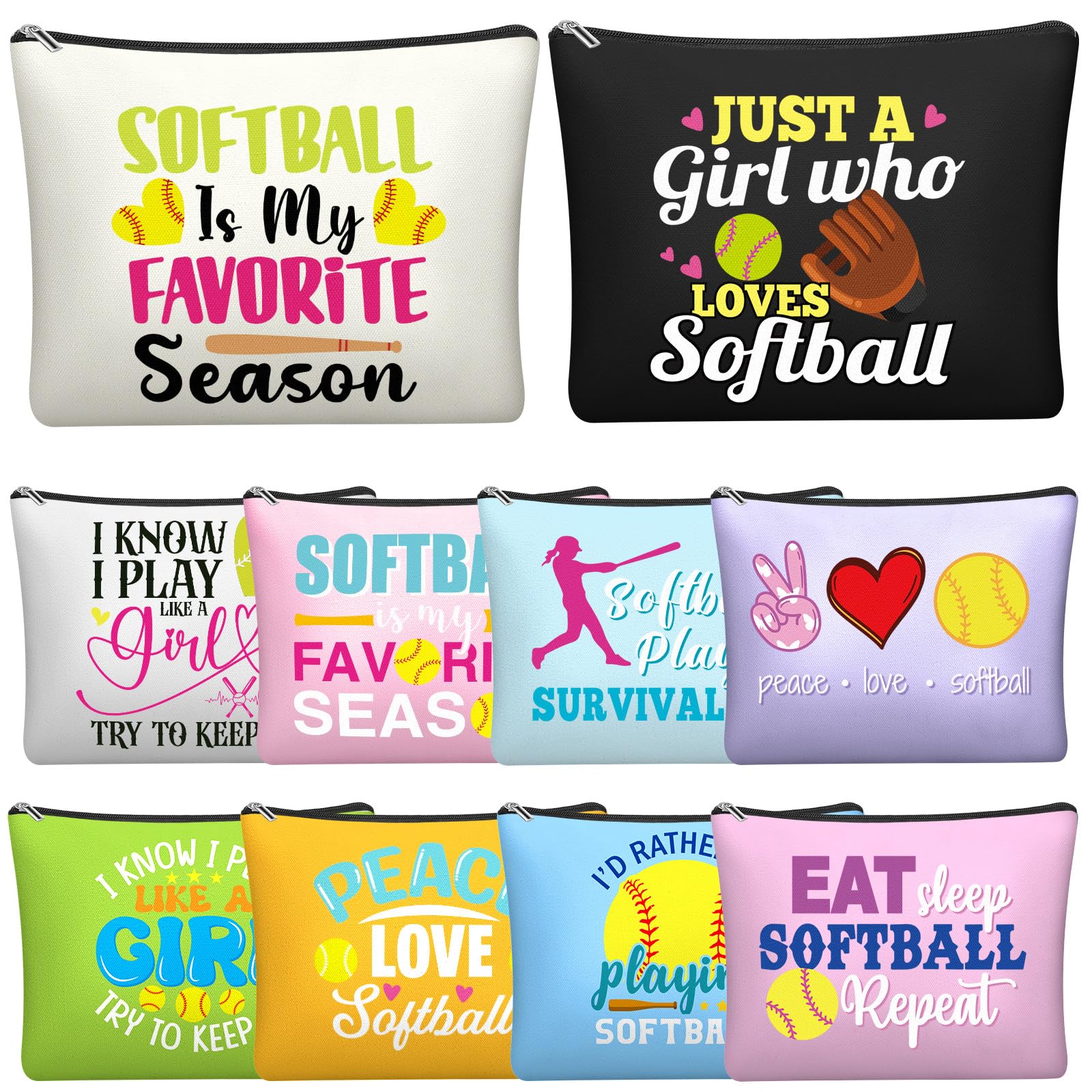 Locmeo 10 Pcs Softball Cosmetic Bags Bulk, Sport Themed Makeup Pouches with Zipper Travel Toiletry Bags for Women Teen Girls, Softball Team Gifts