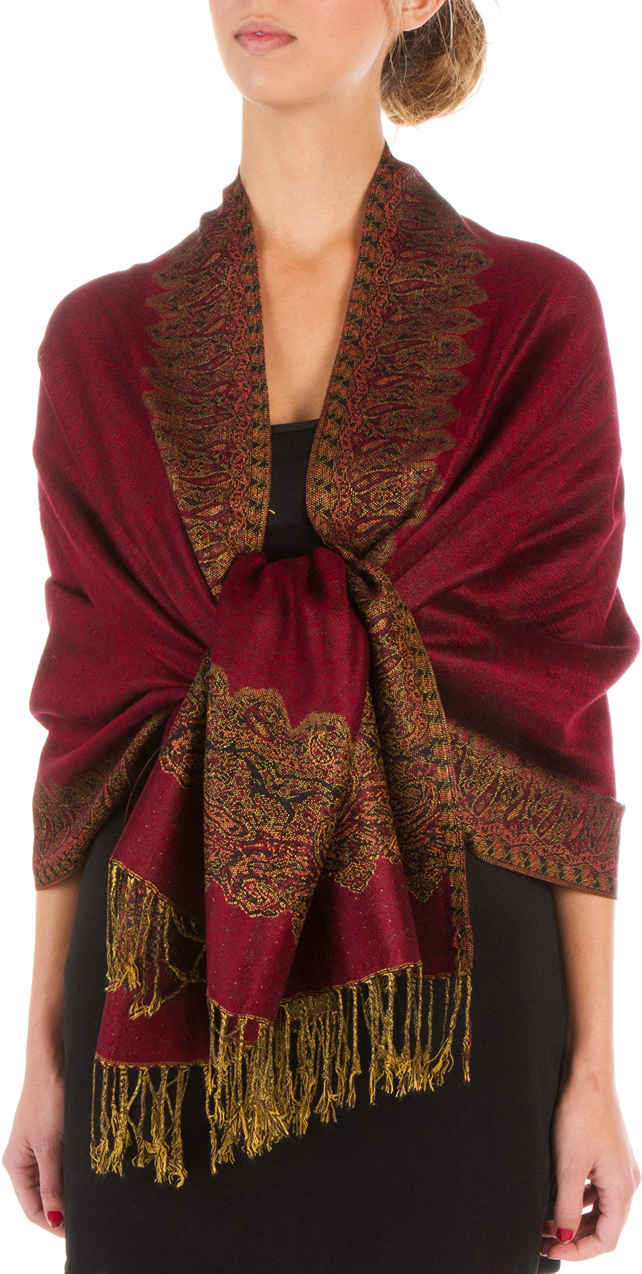 Sakkas Women's Burgundy Border Pattern Layered Reversible Woven Pashmina Shawl Scarf Wrap Stole - Burgandy