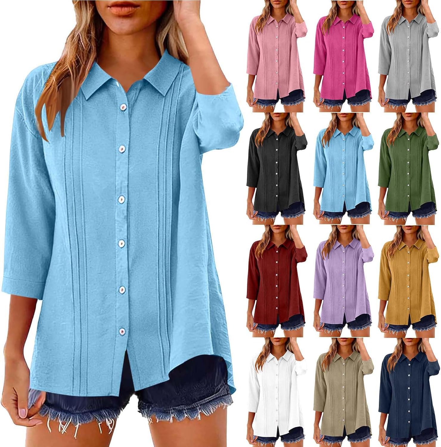 Women 3/4 Sleeve Button Down Shirt Casual Flowy Beach Tops Lightweight Summer Dressy Work Office Blouse Vacation Outfit