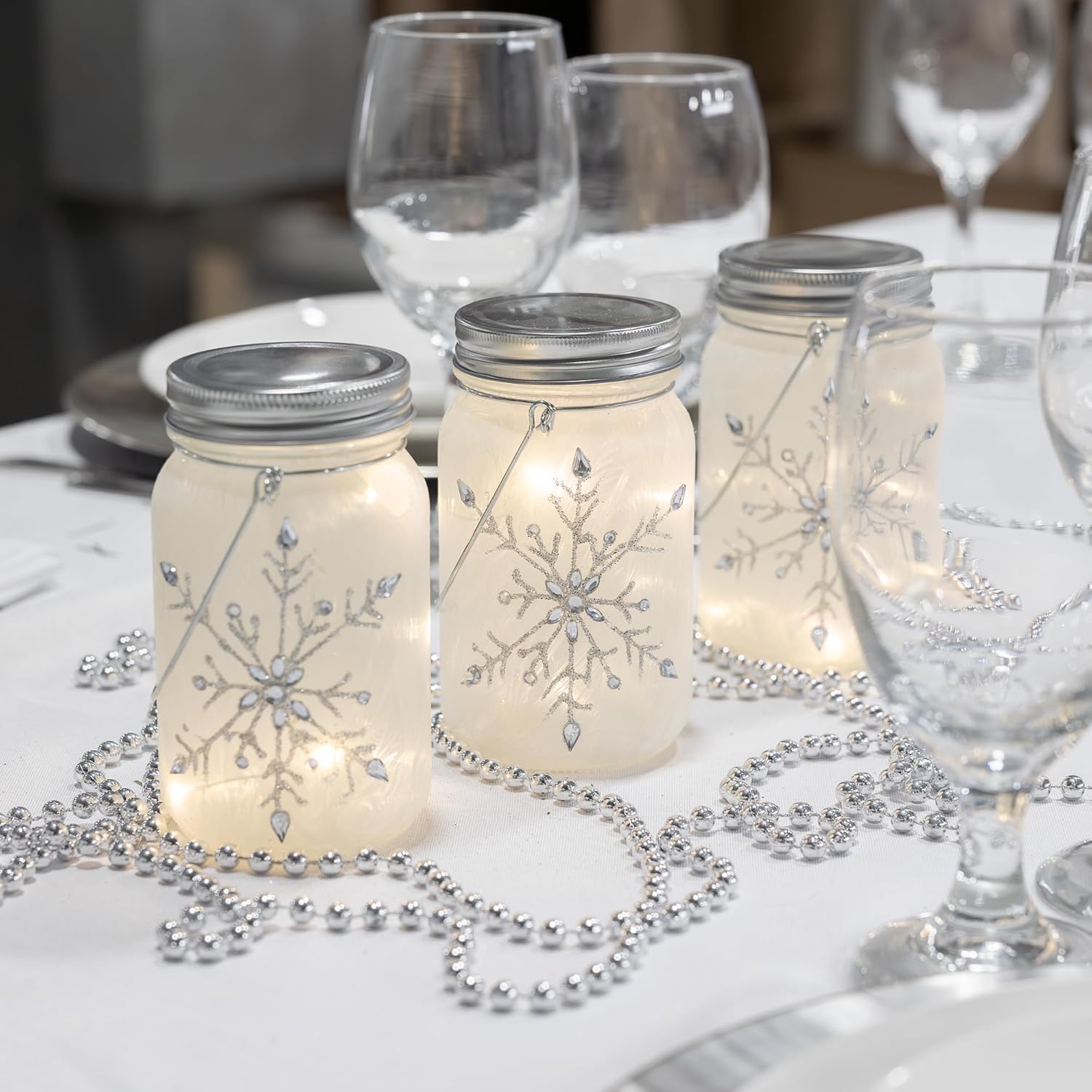 LumaBase Battery Operated Silver Snowflake Glass Mason Jars - Set of 3