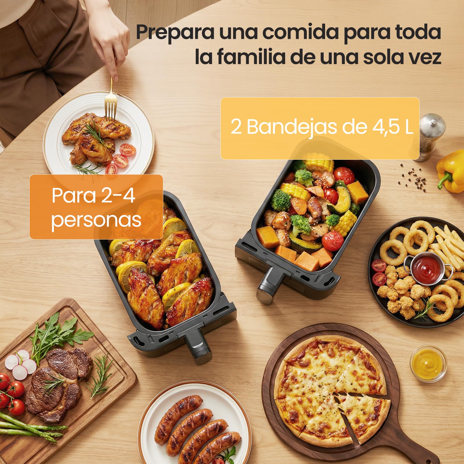 LLIVEKIT 9L Freidora de Aire con Circulación 4D de Aire Caliente | Air Fryer XXL Doble Zona, 2 Compartimentos 2x4,5L, 95% Sin Aceite, 8 Programas Predefinidos, Sync-Finish, Ahorro de Energía