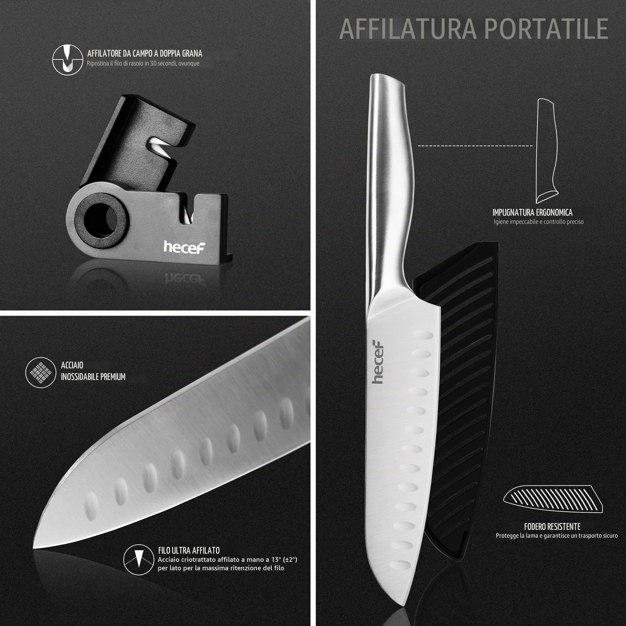 hecef set coltelli da cucina professionali in acciaio inox con borsa coltelli, foderi, tagliere reversibile, affilacoltelli 2 stadi e forbici, 10 Pezzi utensili cucina per picnic, campeggio e barbeque