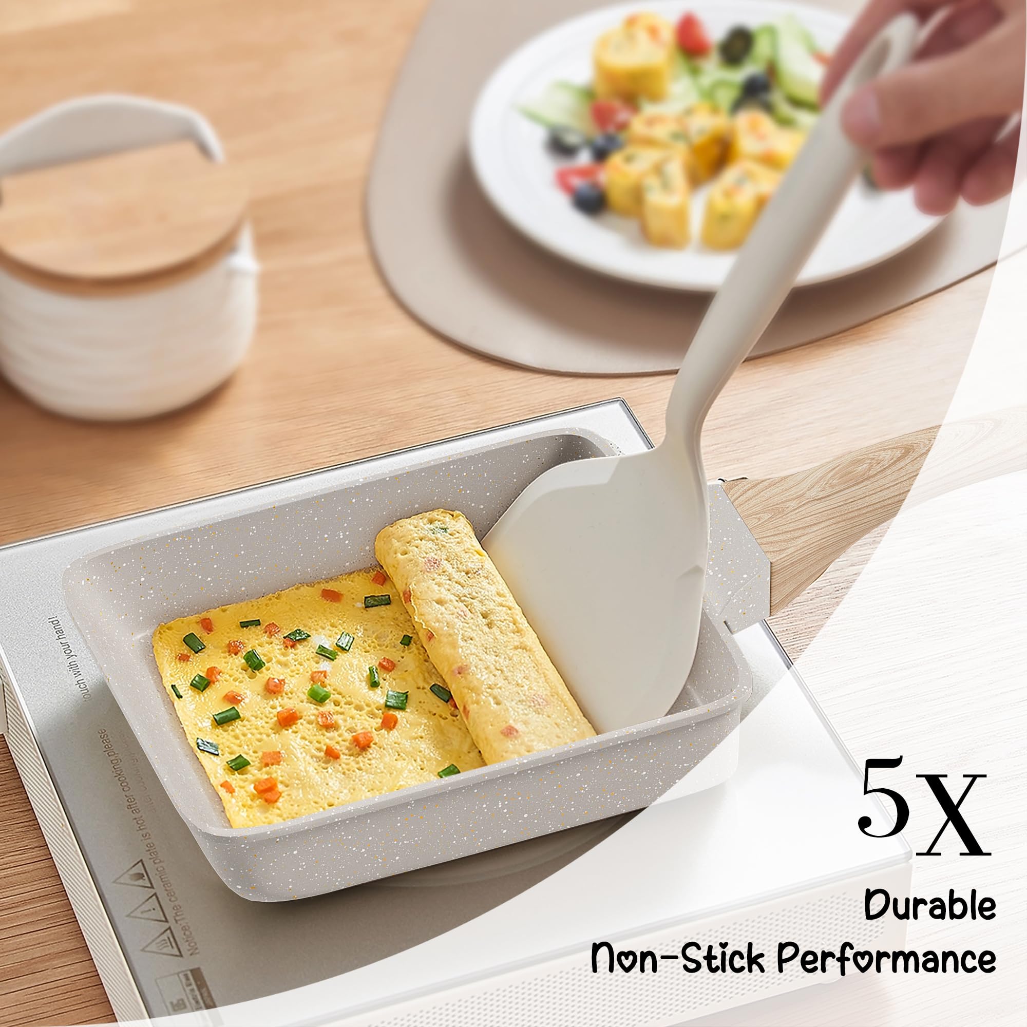 RIOVARM Sartén Antiadherente Tamagoyaki para Tortilla y Huevos, Revestimiento de Granito, Sin PFOA, para Panqueques y Camping - 5