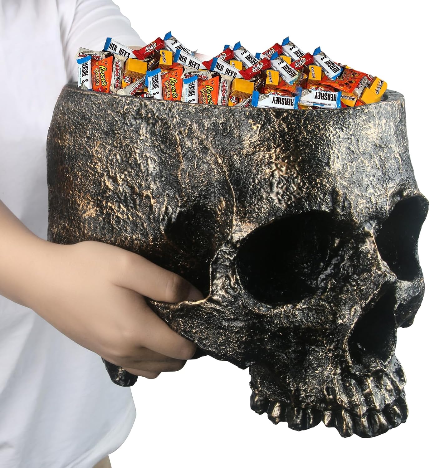 7lb Capacity Extra Large Halloween Skull Candy Dish - Deep Skull Head Halloween Candy Bowl Holder Artificial Resin Skulls Decor Indoor Outdoor Table Centerpieces Flower Pot Plant Office Pen Holder Extra Large Bow