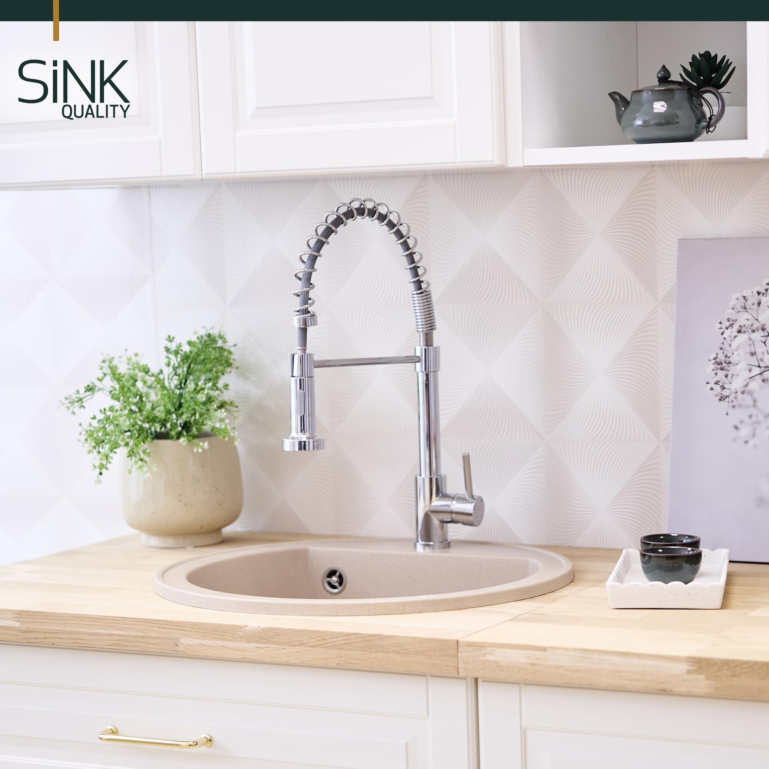 SINK QUALITY Évier rond beige Ø 51 cm – Siphon et imprégnant inclus – Évier de cuisine rond en granit – Évier en granit beige pour armoires basses à partir de 55 cm de largeur – Évier encastrable en