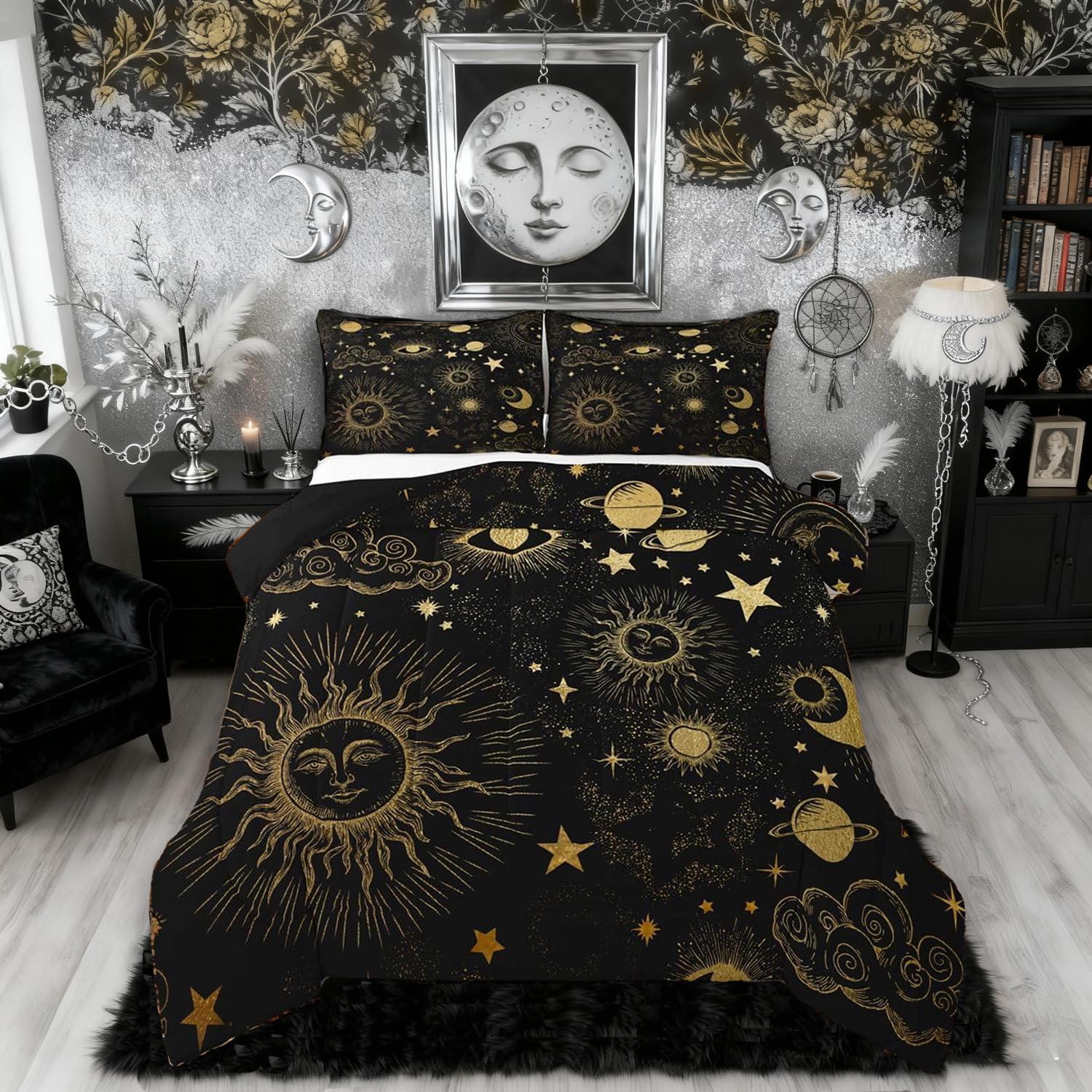 Erosebridal Star Moon Bedding Set Full Size, Starry Sky Series Comforter Set Kids Child, Cosmic Planets Sun Face Pattern Duvet Insert Boys Girls,