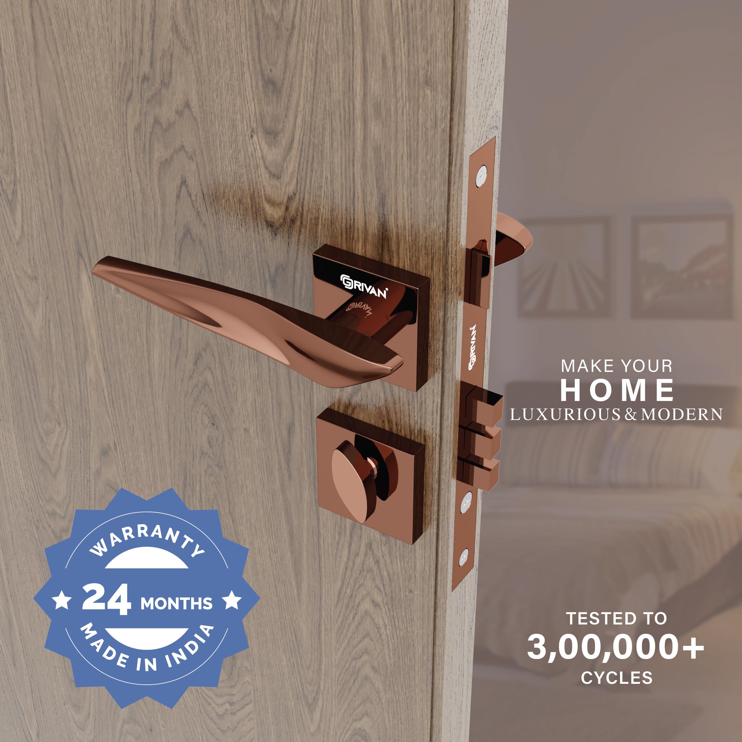 Elegant Rose Gold Mortise Lock Set - 3 Keys -3