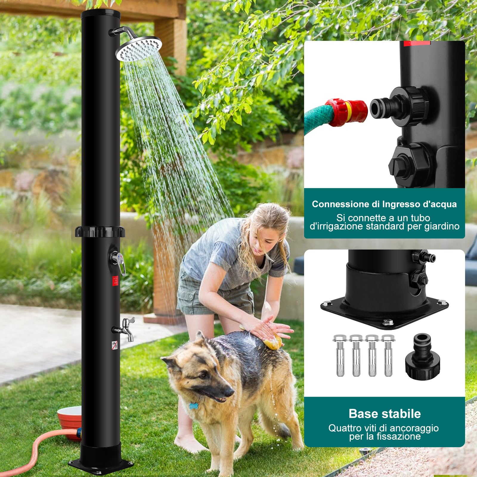 Doccia Solare da Giardino 40L, Caldo e Freddo Regolabile, 60°C Max, Senza Elettricità, Doccia Solare Esterno con Soffione Rotante, Rubinetto a Pedale e Raccordo per Tubo Flessibile