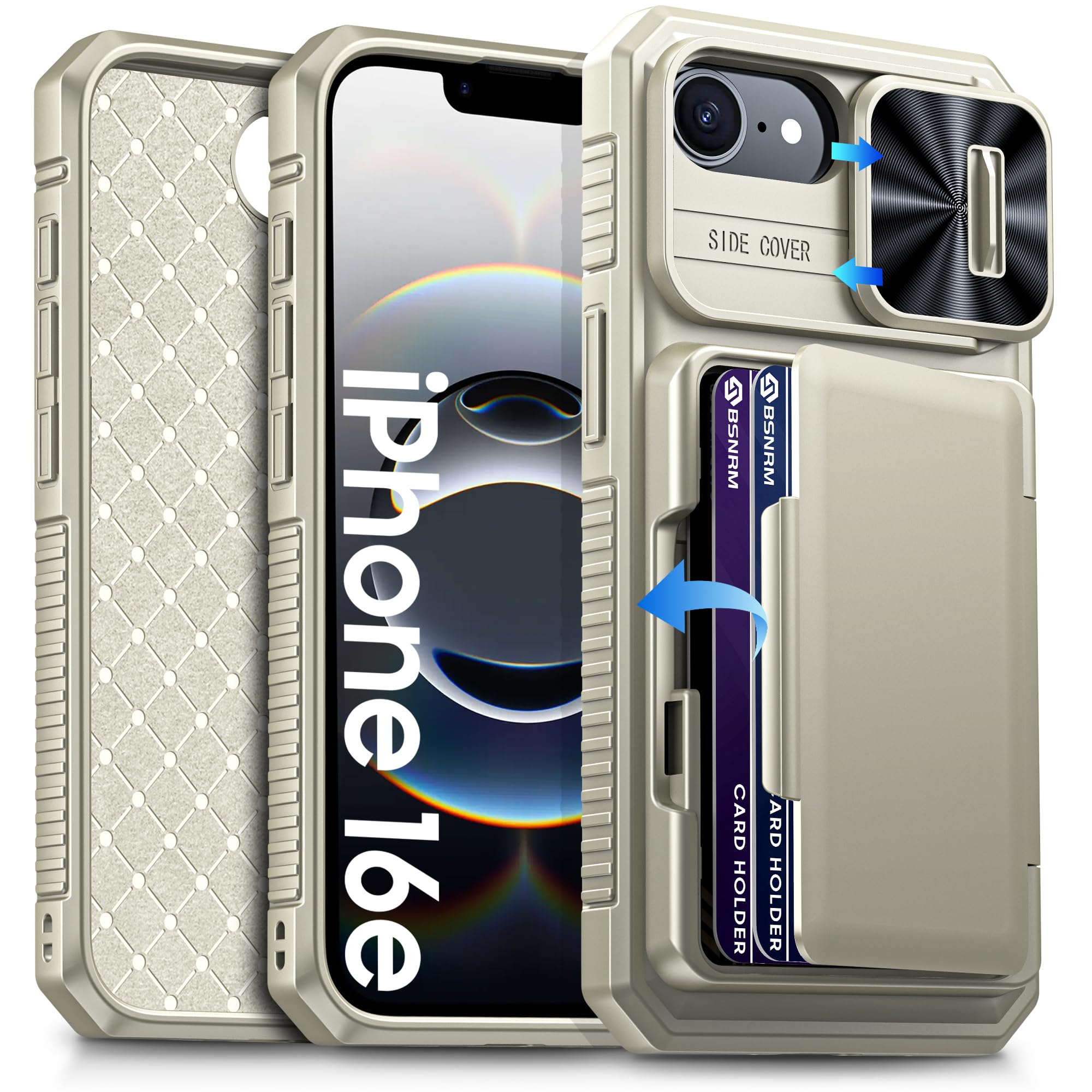 BSNRM for iPhone 16e Case Wallet, Built-in Card Holder (4-5 Cards), RFID Blocking,Camera Control Button, Slide Camera Cover, Shockproof Rugged Phone