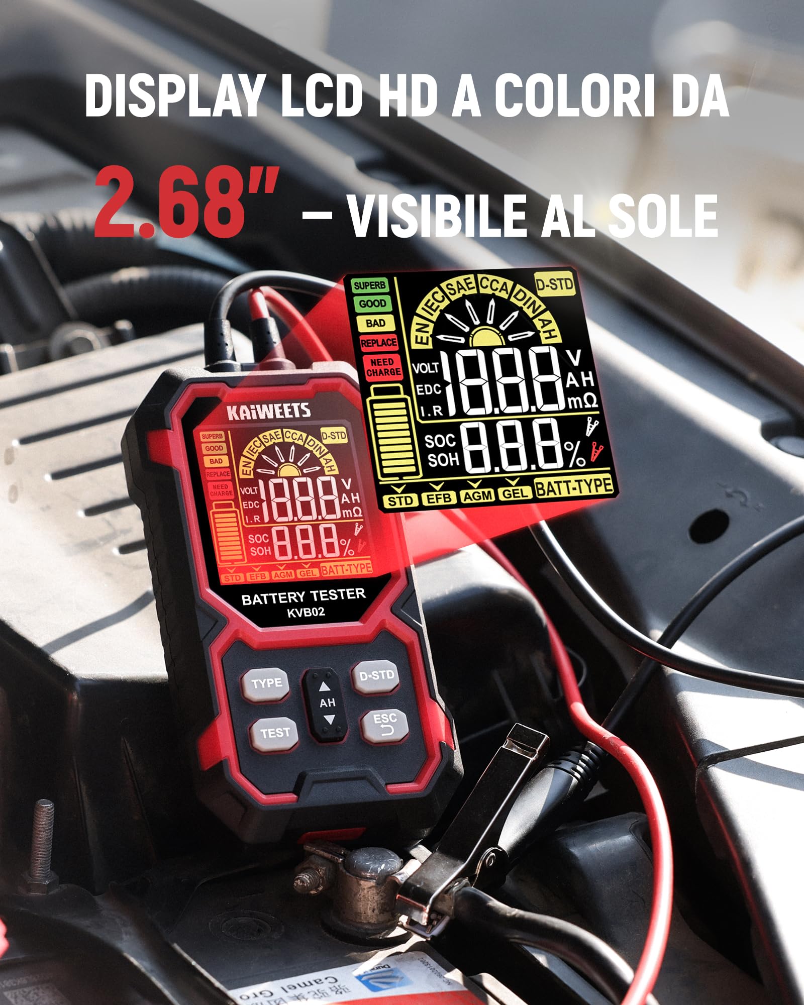 KAIWEETS Tester Batteria Auto 12V/24V Digitale Test Batteria Auto 50–2000 CCA con Analisi SOH/SOC Display LCD Test Avviamento per Veicolo/SUV/Veicolo