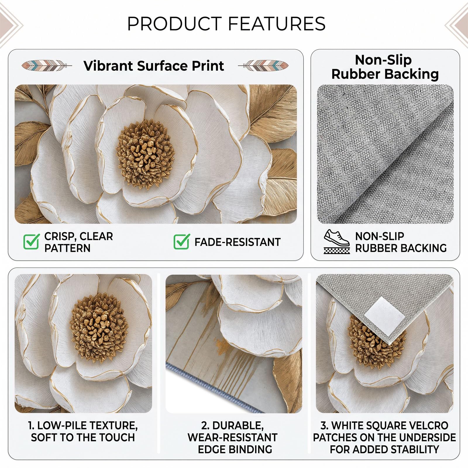 Générique Tapis Antidérapant Floral Relief 3D 80 x 150 cm, Tapis Doux Poil Ras Pivoine Blanche Bordure Métallique Lavable, Convient pour Chambre Salon Salle a Manger Bureau Cuisine Decoration