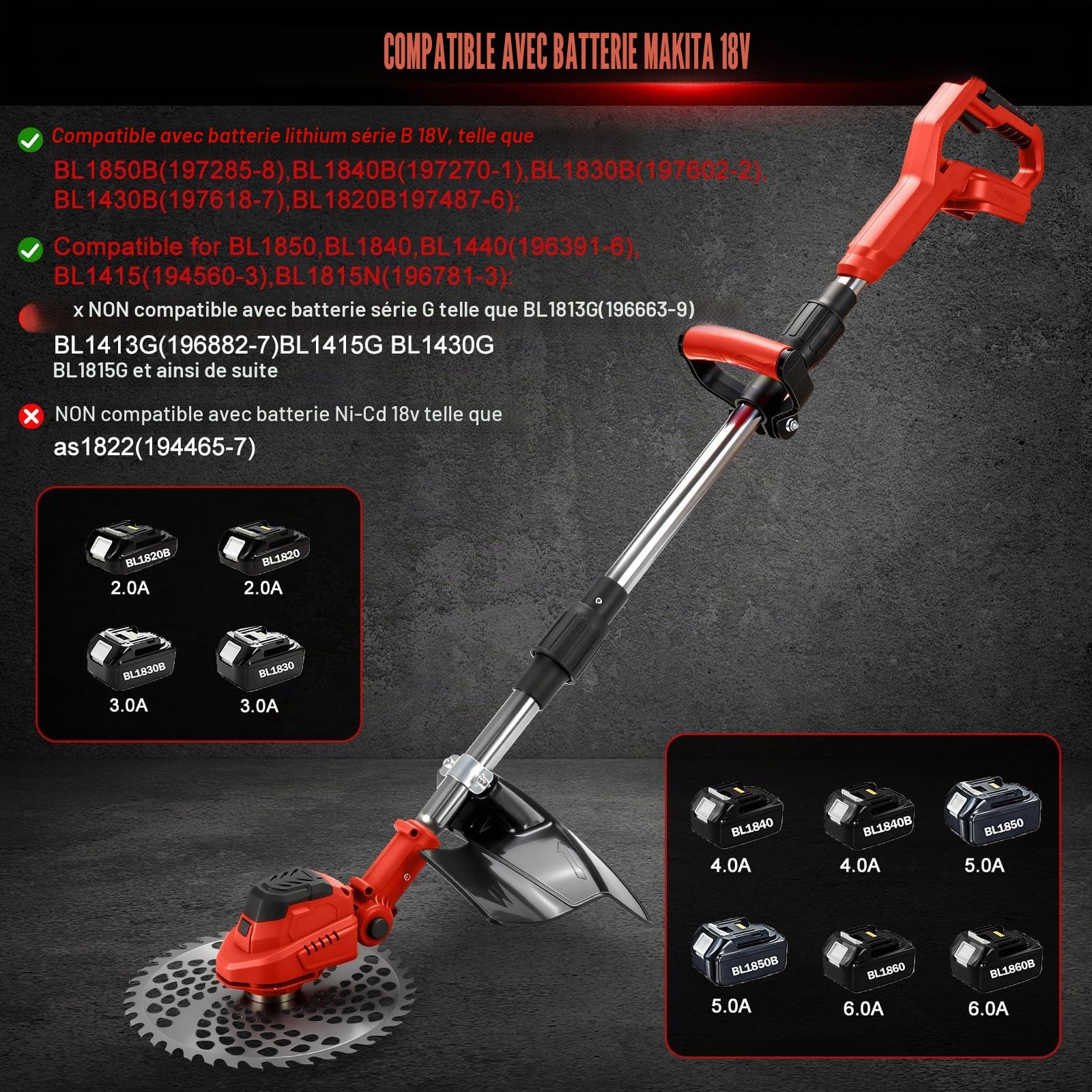 Débroussailleuse Électrique sans Fil pour Makita Batterie, Coupe Bordure avec Manche télescopique de 100 à 140 cm (Largeur de Coupe 24 cm, 25000 TR/Min) pour la pelouse et Le Jardin
