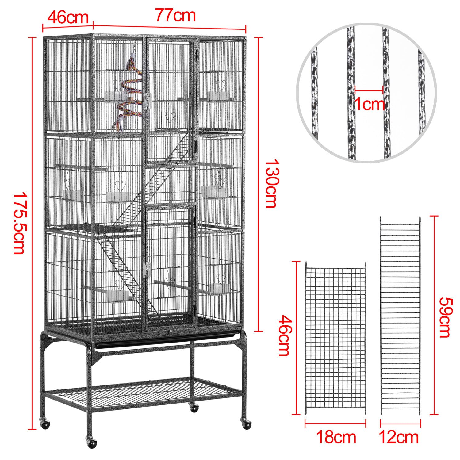 Yaheetech Gabbia Voliera per Uccelli Pappagalli Inseparabili Calopsite Grande con Piedistallo in Metallo Giocattolo Gabbia per Conigli Nano Criceti Gatti 77 x 46 x 175,5 cm Nera