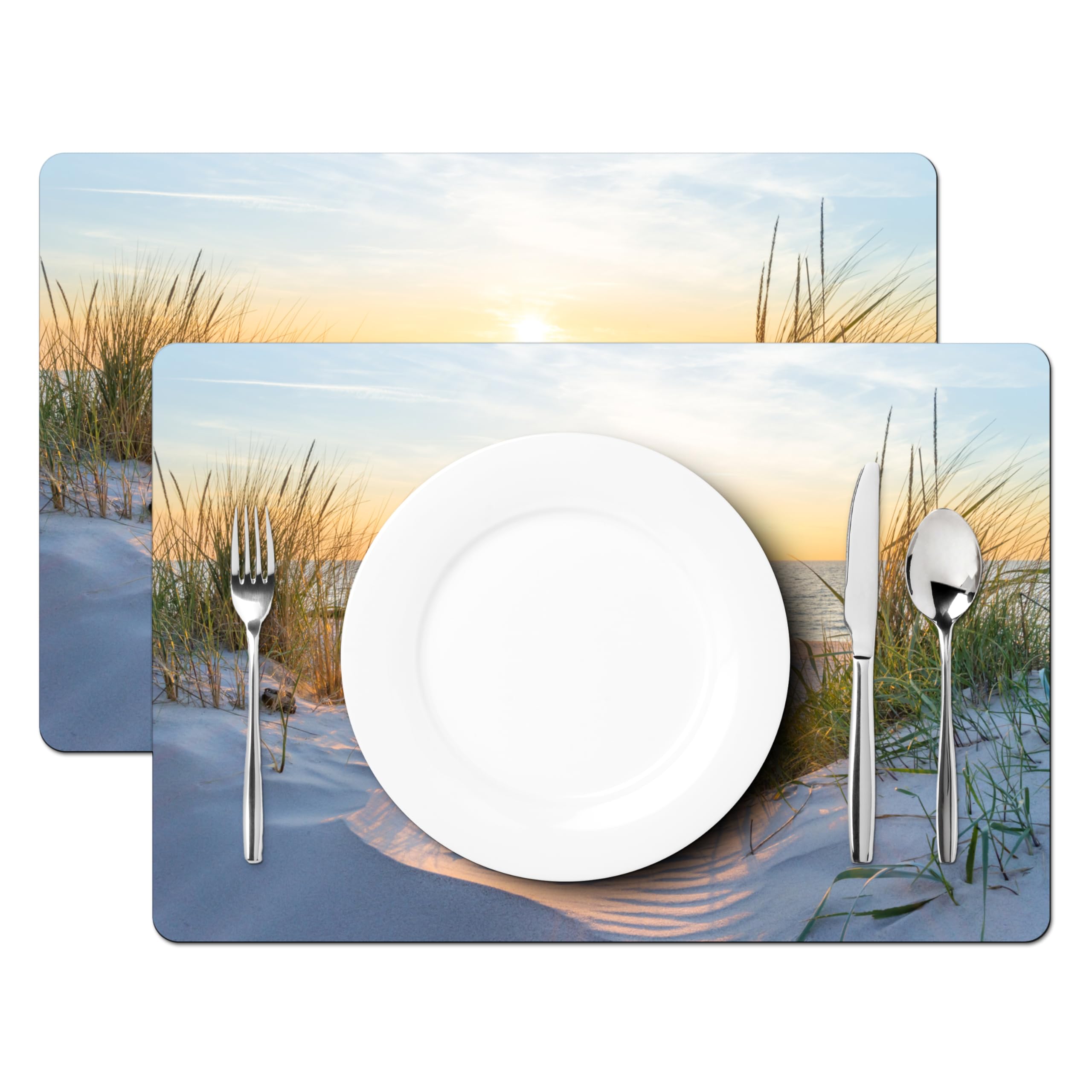 KitchenYeah© Platzsets Abwaschbare Placemats Set 6 45x30 cm Tischsets Platzdeckchen Platzset Tischset Esstisch Telleruntersetzer Waschbar Strand - Sonne - Düne - Gras - Sand - Horizont