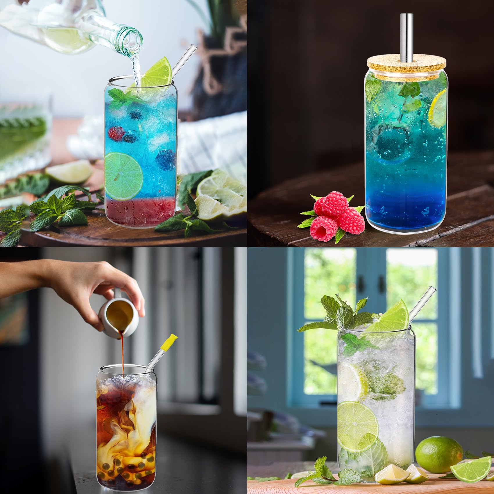 Set 4 Bicchieri In Vetro Con Coperchio Bambù - 500ml Per Bubble Tea, Cocktail E Bevante Fredde, Con Cannucce E Spazzole - Foto 8