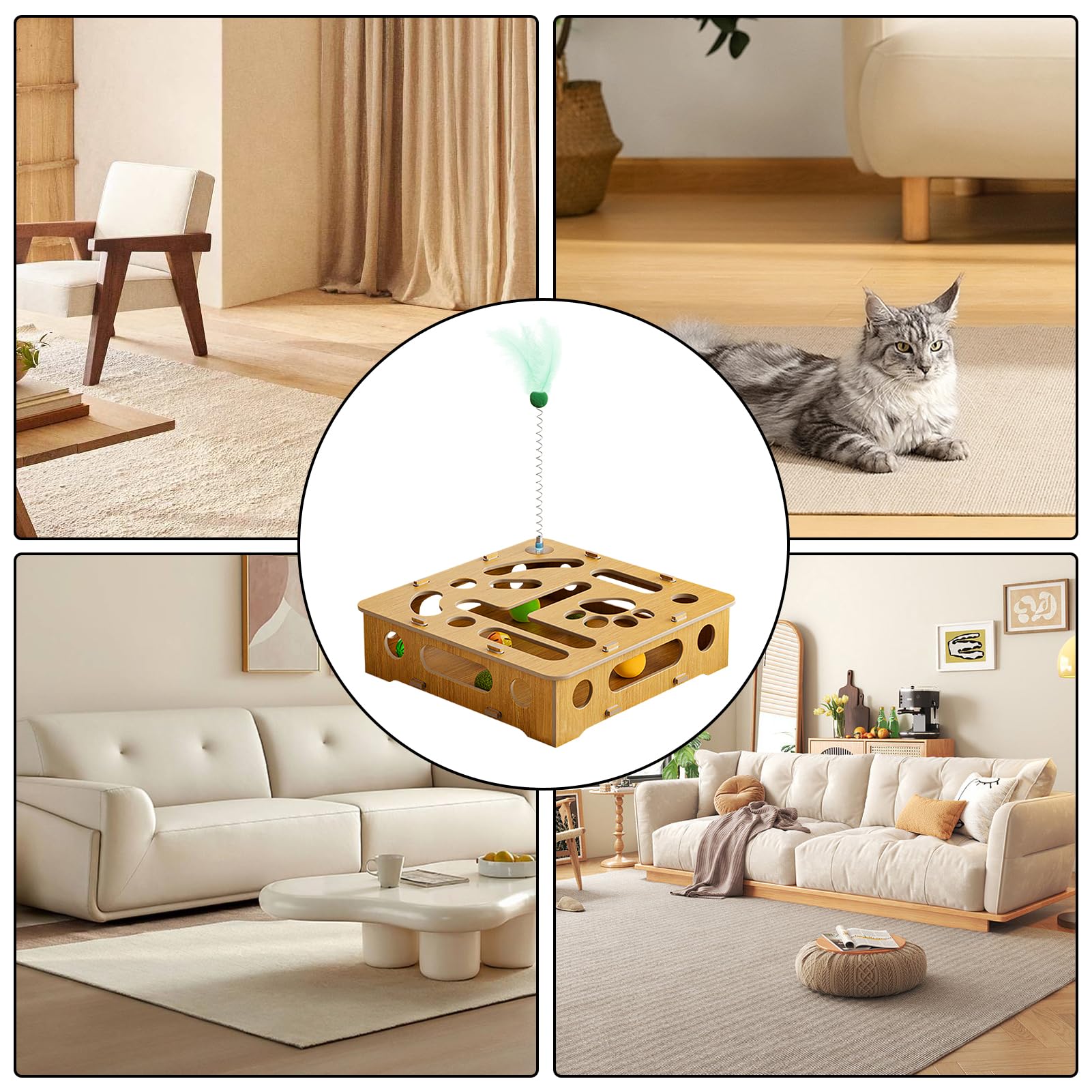 Juguete de rompecabezas para gatos, juguetes interactivos, caja de madera con plumas y bolas, para gatos de interior
