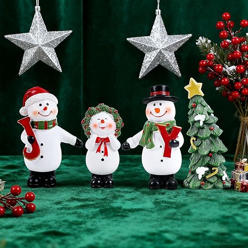 Miniatura 5 de Decoraciones navideñas para interiores, 4 piezas de adornos de resina de muñeco de nieve para decoración de mesa de Navidad, muñeco de nieve y
