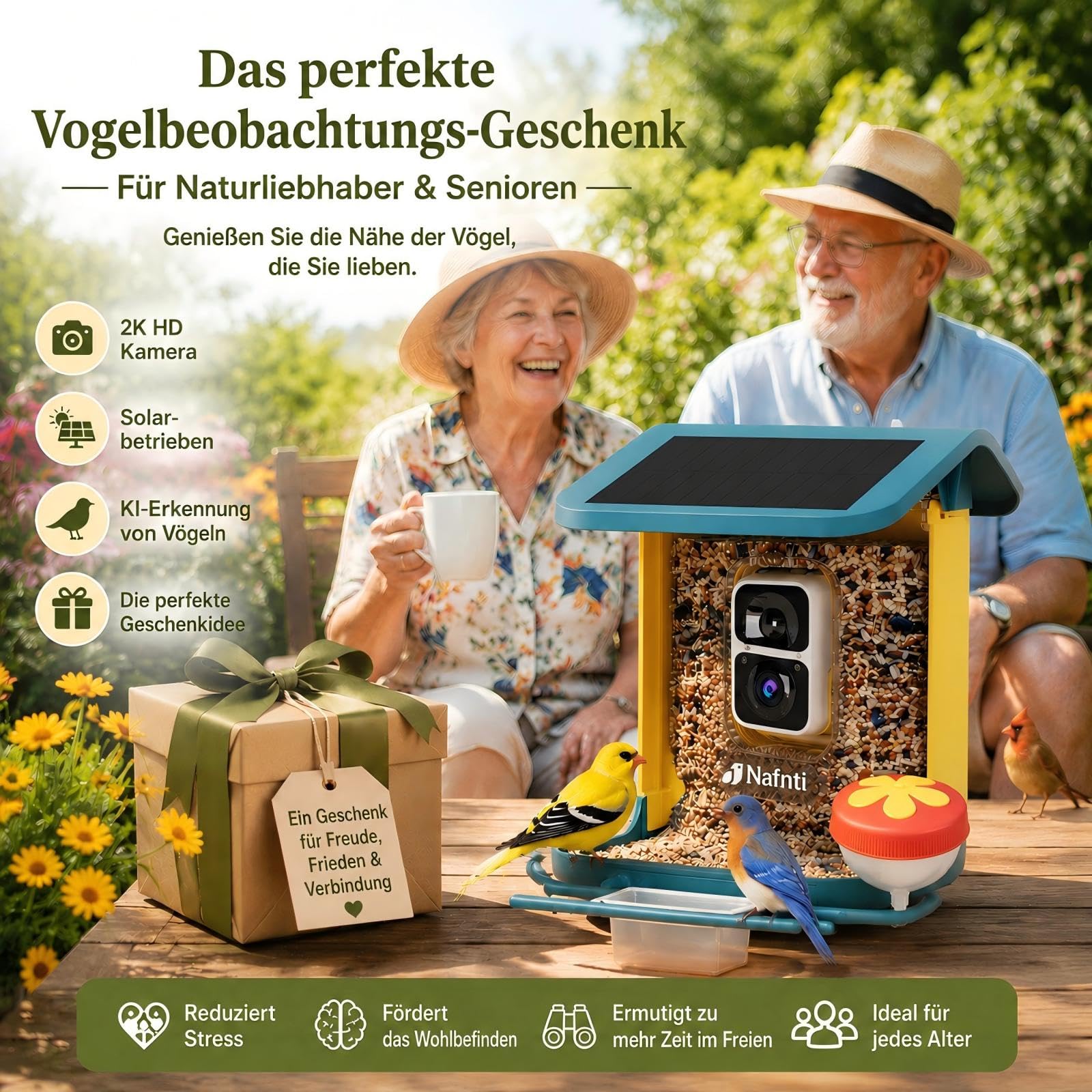 2K Vogelhaus mit Kamera, solarbetrieben, KI identifiziert über 10.000 Vogelarten, 1.8L, IP65 wasserdicht, 2,4 GHz/5 GHz, Vogelbox-Kamera mit Vollfarb-Nachtsicht, Geschenk für Vogelliebhaber