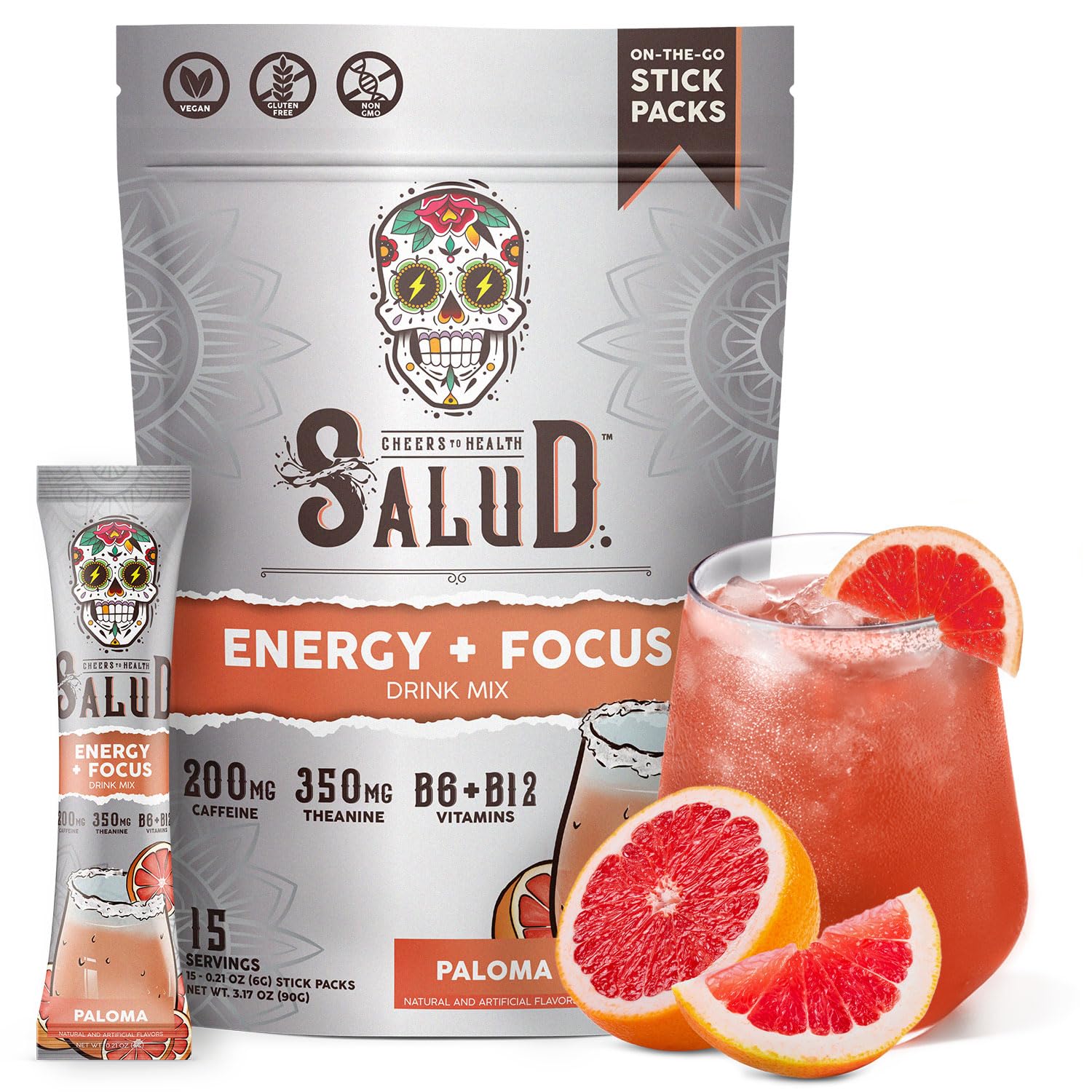 Salud 2-in-1 Energy Drink Powder + Focus, Paloma, Organic Caffeine, B6 + B12, Theanine, Clean Energy Drink Packets, Agua Fresca Mix, Non-GMO, Gluten Free, Vegan, 1g of Sugar, (15 Servings)