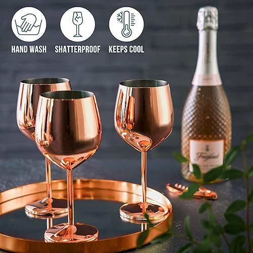 Miniatura 2 de Oak & Steel - Juego de 4 copas de vino de acero inoxidable de oro rosa en caja de regalo de Navidad, copa de vino de metal de 18 onzas, copas de