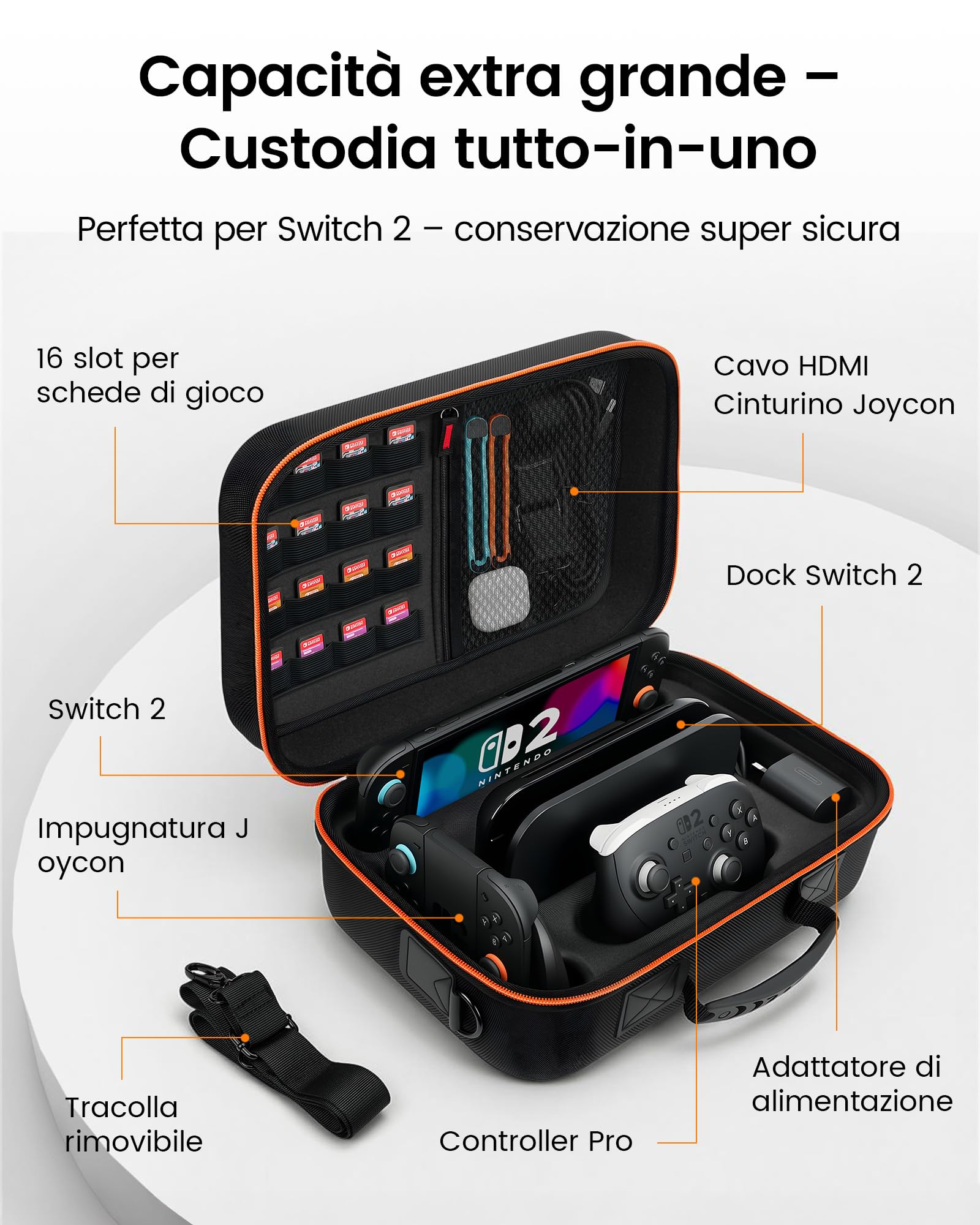 TRANSNOVO Custodia Switch 2 Compatibile con Nintendo Switch 2, Custodia Protettiva Rigida Switch 2 con 16 Slot per Giochi, Custodia da Trasporto Switch 2 Antiurto per Console e Accessori Switch 2