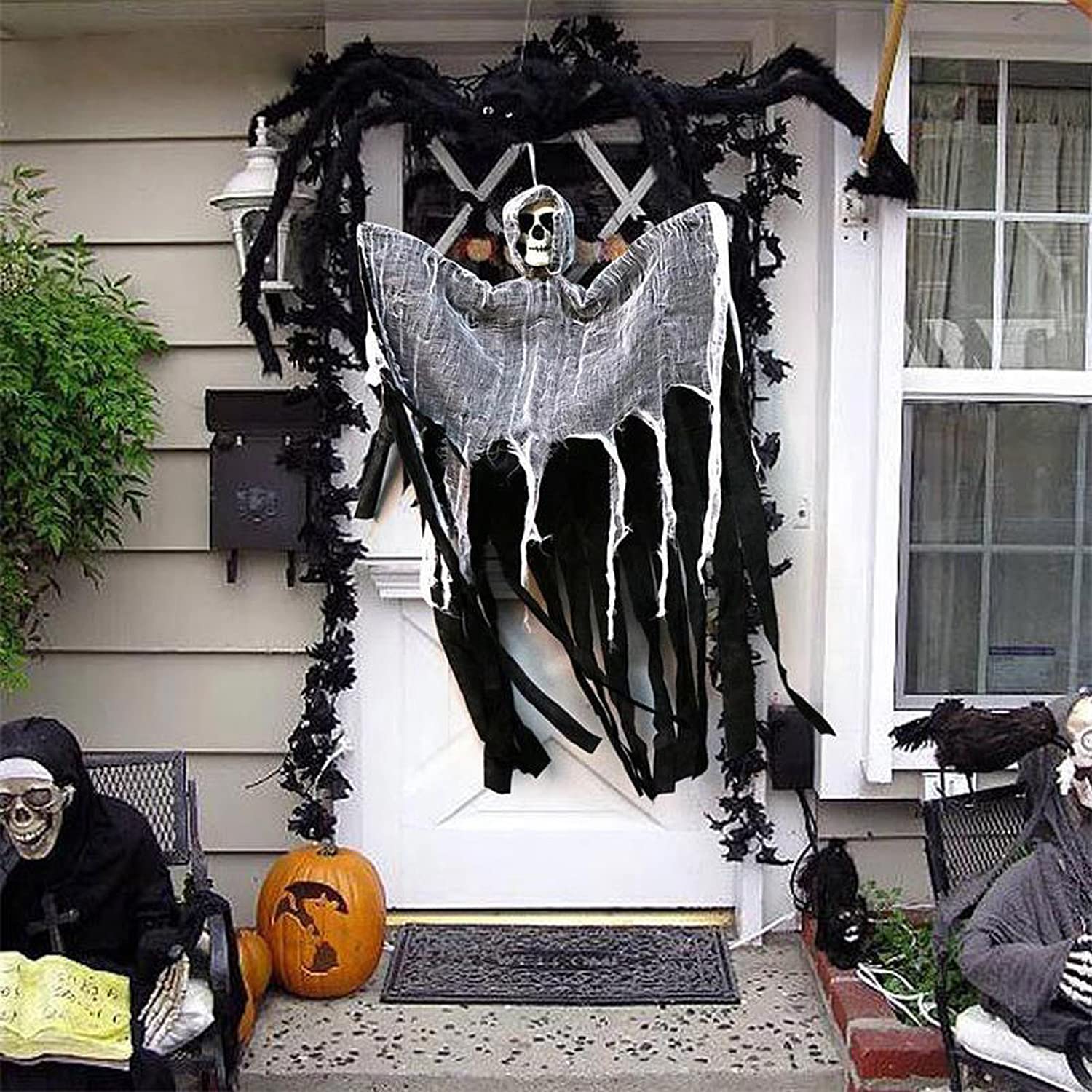 TRIXES Wiszący duch - dekoracje na drzwi - wisząca czaszka - Halloween - ogród dla domu - ganek - czarne drzwi wejściowe - 3 szt