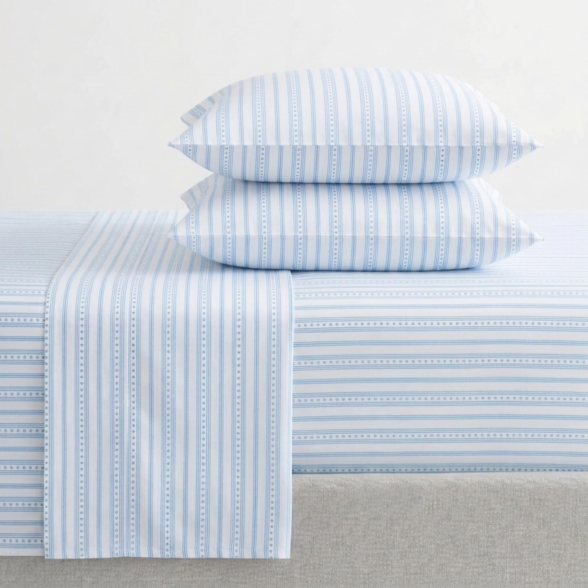 Martha Stewart - Twin Size Sheets Set, Crisp &amp; Tailored Cooling Sheets with a Smooth Cotton Percale Lightweight Feel - Bed Sheets with Matching Pillowcase &amp; Fitted Sheet (Francesca Stripe Blue)