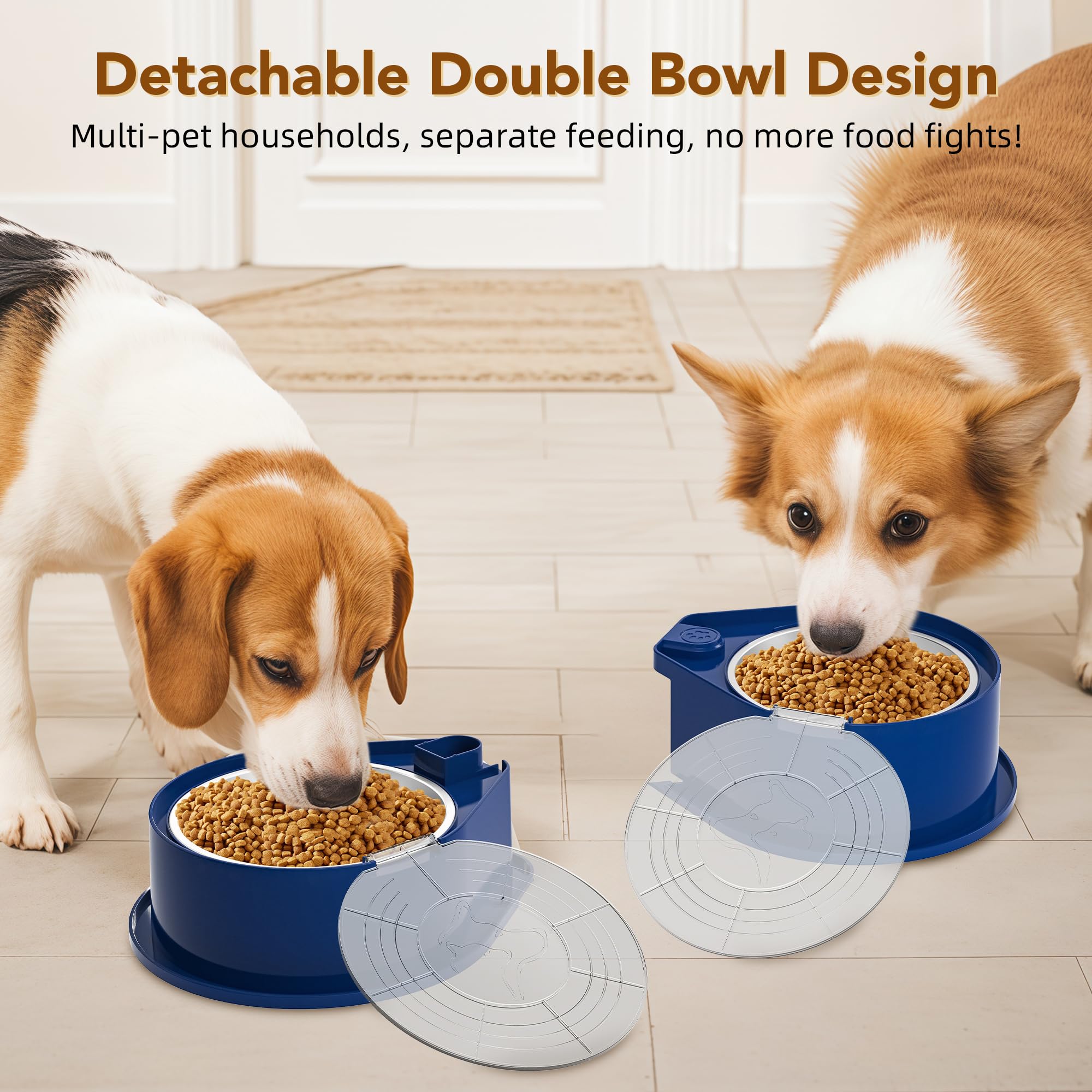 Cuenco doble de acero inoxidable para mascotas con tapa, gran capacidad, perros y gatos, color azul
