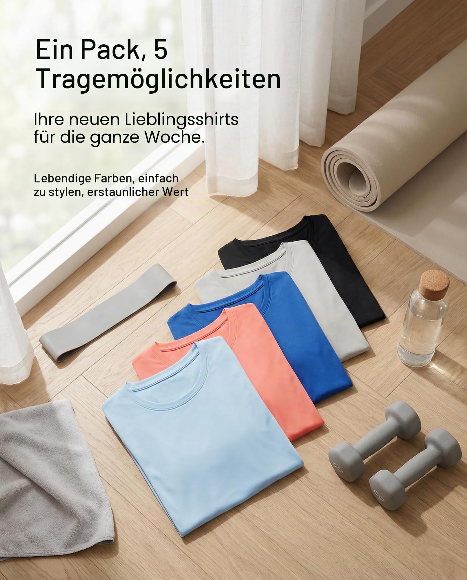 Real Essentials 5er-Pack: Kurzärmeliges Damen-T-Shirt, Workout-Top, Fitness, Pilates, Fitnessstudio, Sportbekleidung (Plus erhältlich)