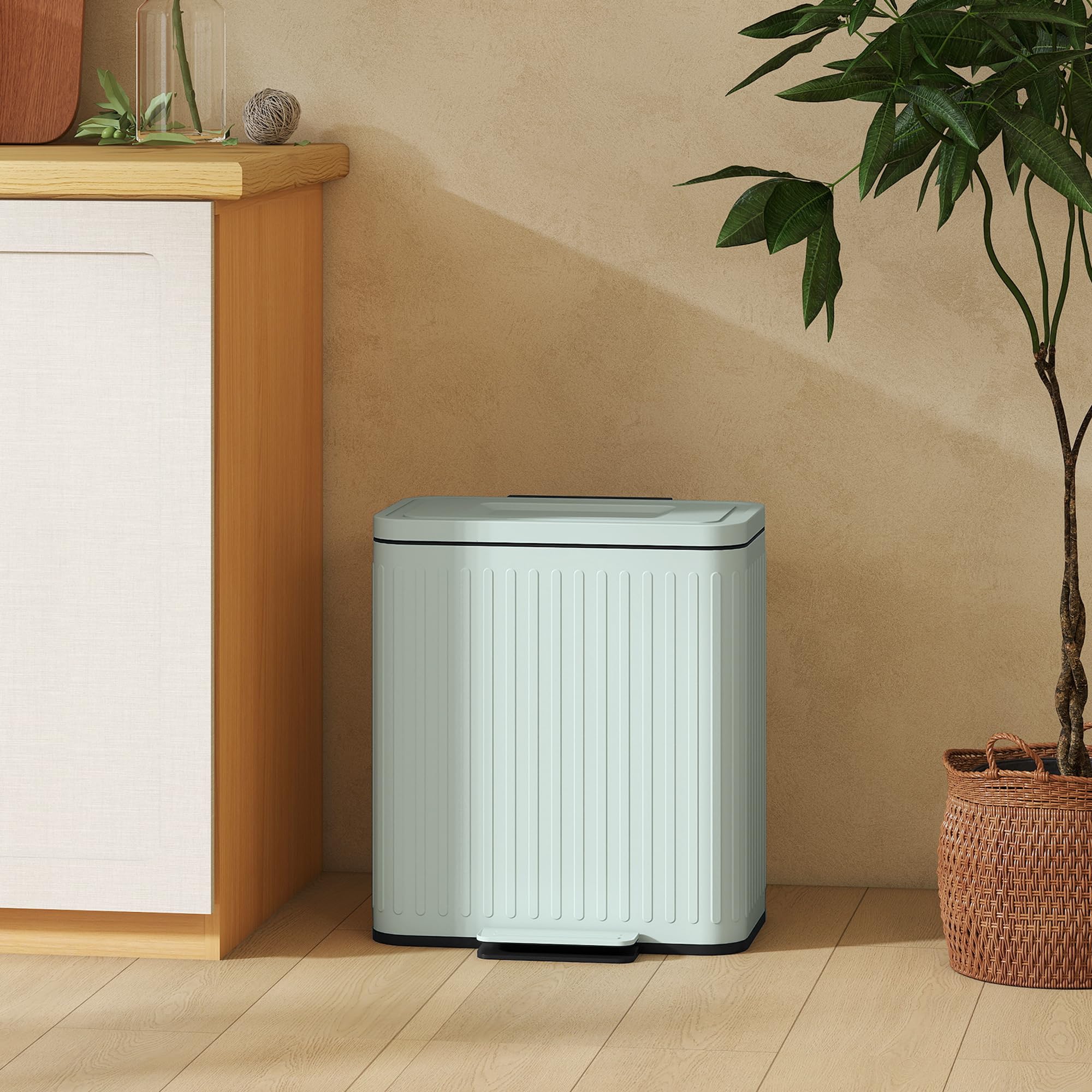 HOMCOM Cubo cocina doble 2x20L, antihuellas, tapa cierre suave, verde | Cubo doble para reciclaje y residuos, cubos interiores extraíbles, bolsas de basura