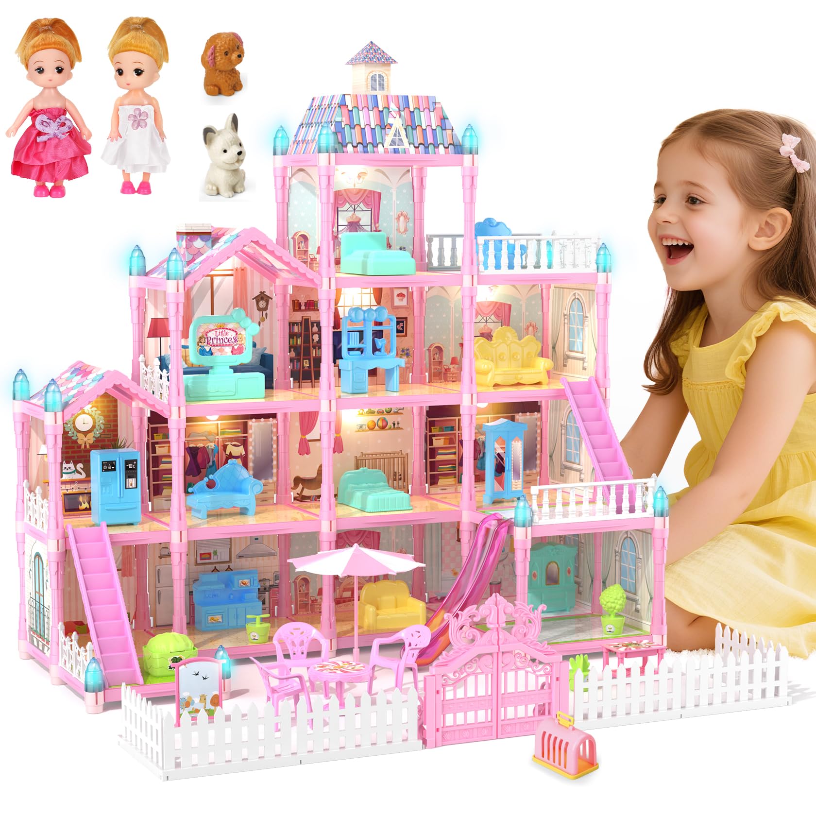 Doll House for Girls with Lights, 3 Dolls, 4 Floors -13 Rooms, 7 Sets of Furniture and Accessories, Design and Build Gift for 3 4 5 6 7 8+ Year Old Girls
