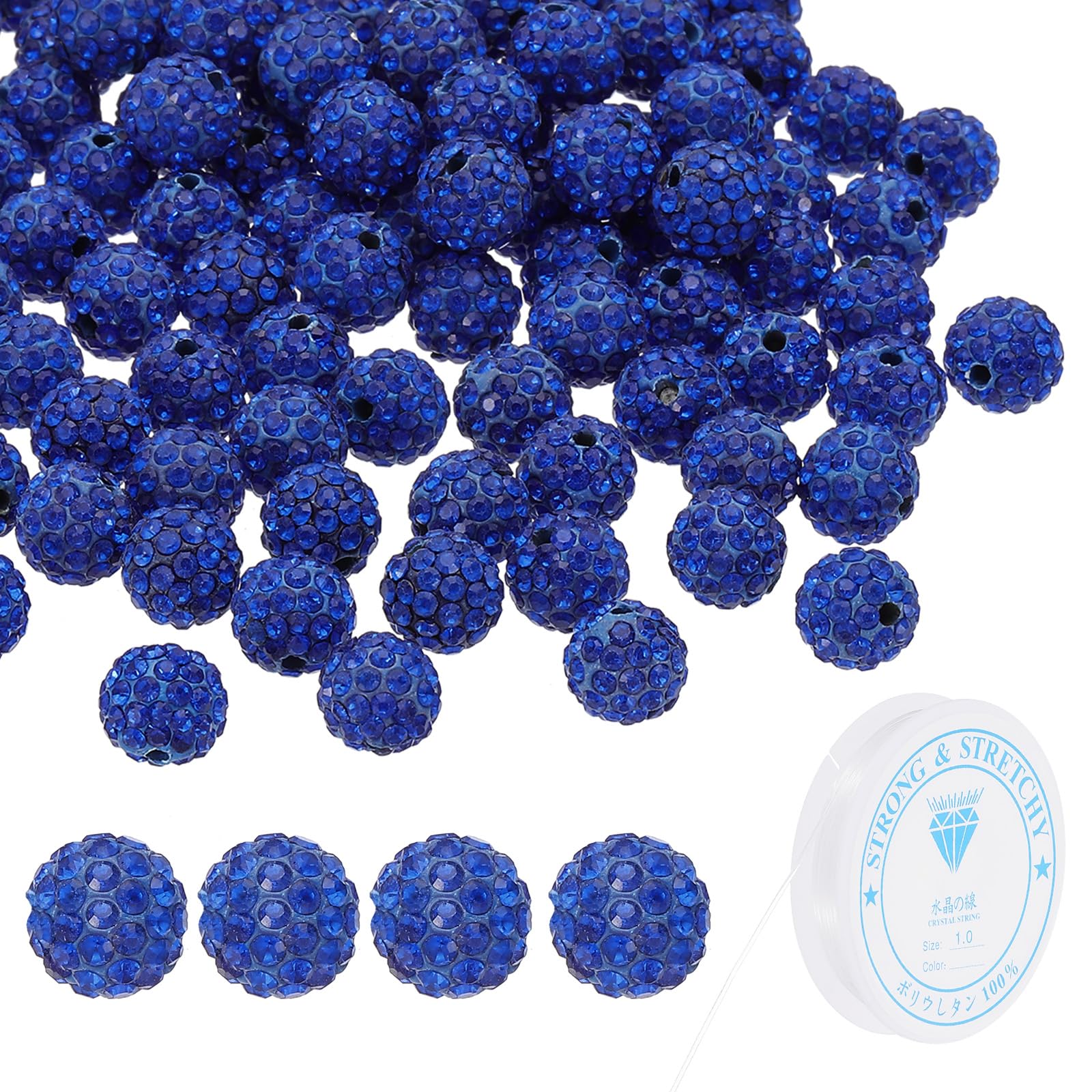 PATIKIL 10mm Rhinestone Clay Beads for Jewelry Making 120 Pack Round Ball Polymer Clay Crystal Charm Beads with Elastic String for Craft Decor Necklace Chain Bracelets DIY Blue