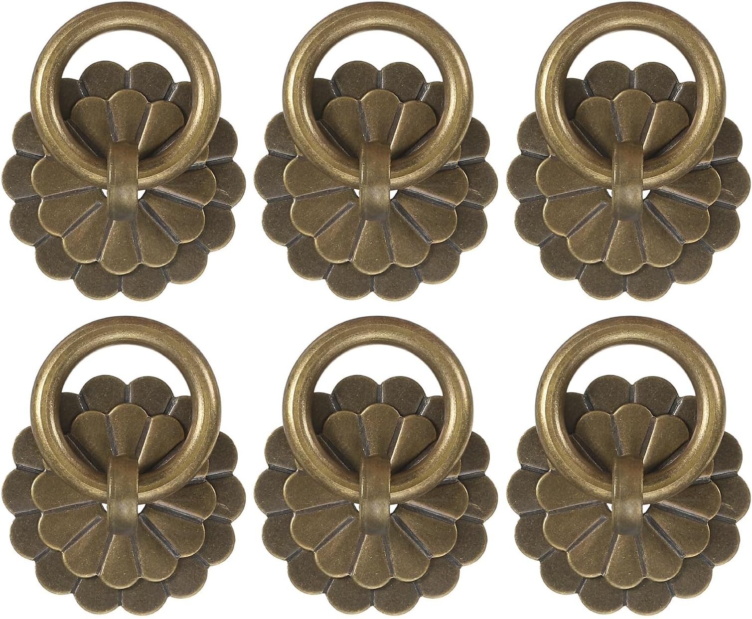 sourcing map 6Pcs 1.38 Inch Brass Drawer Pulls and Knobs, Vintage Ring Drawer Pulls with U-pins Flower Shape for Cabinet Dresser Closet Cupboard, Gold Tone