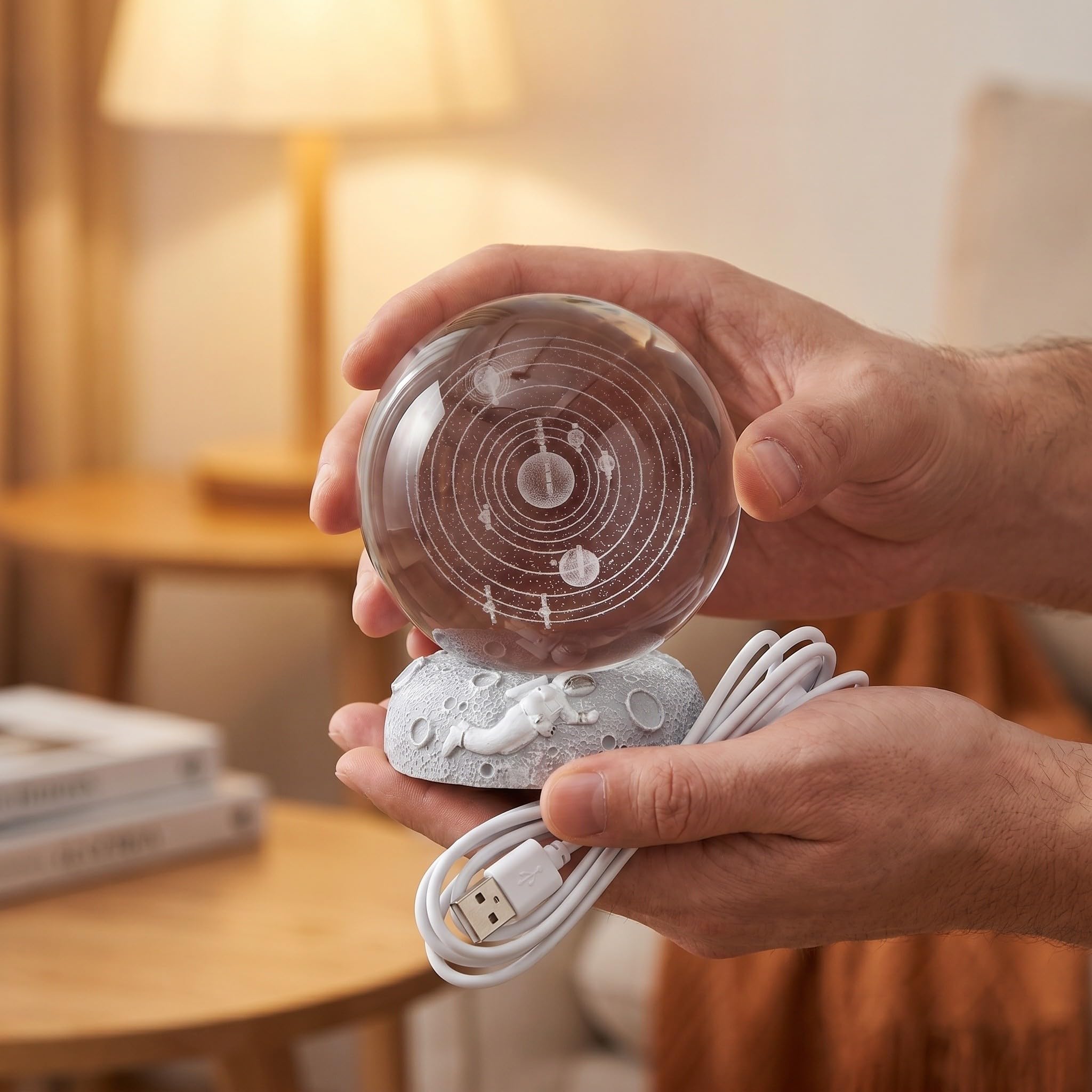 Artibetter Lampada a sfera di cristallo celeste | Globo a LED del solare con base luminosa | Luce d'atmosfera decorativa a tema scientifico per scrivania o soggiorno (batterie non incluse)