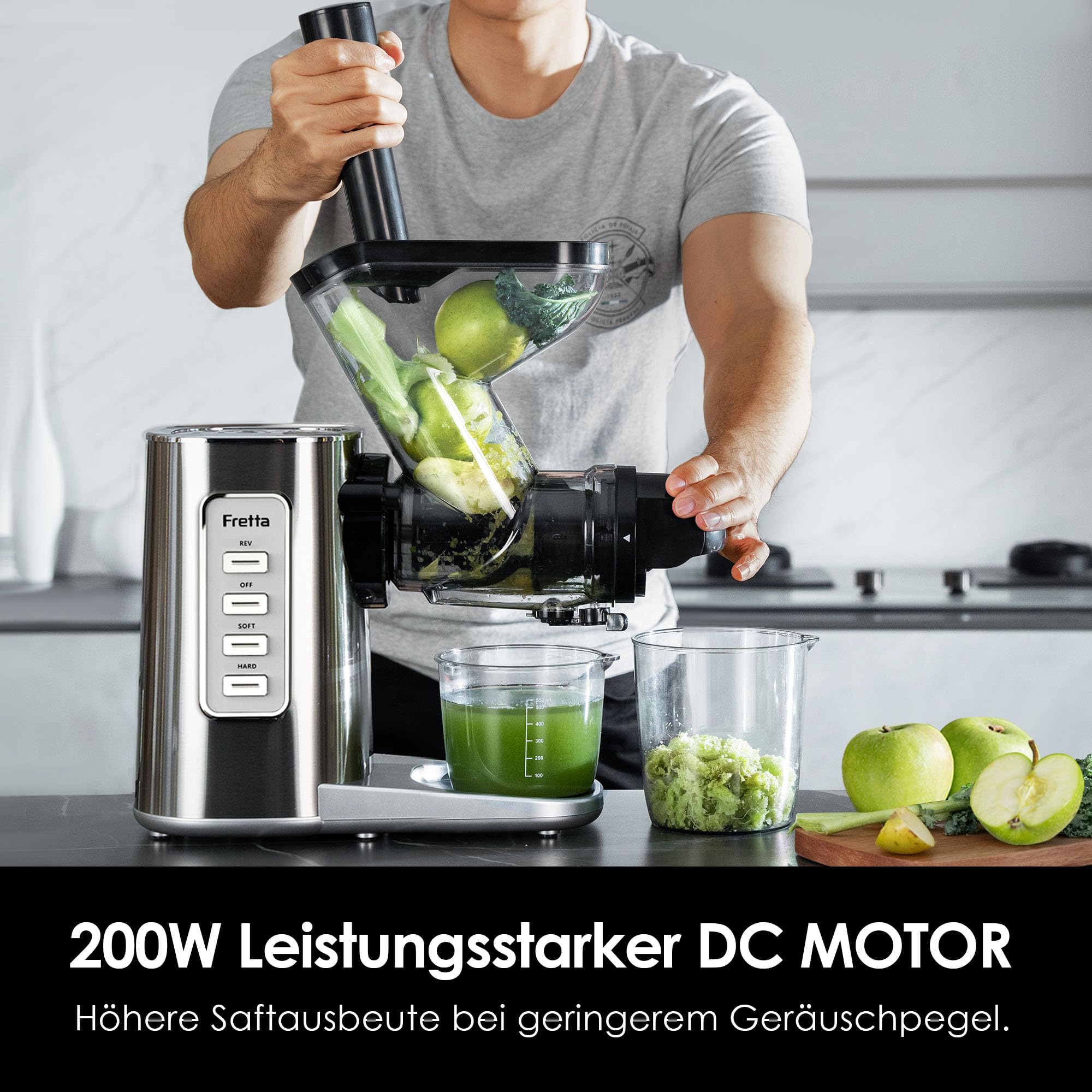 Fretta Entsafter Slow Juicer Entsafter Gemüse und Obst Testsieger Edelstahl | BPA-frei,Abnehmbare, Spülmaschinenfest,76mm Öffnung,Ganze Früchte,Hohe Saftausbeute,Leistungsstarke 200W,Leise,Umkehrfunktion