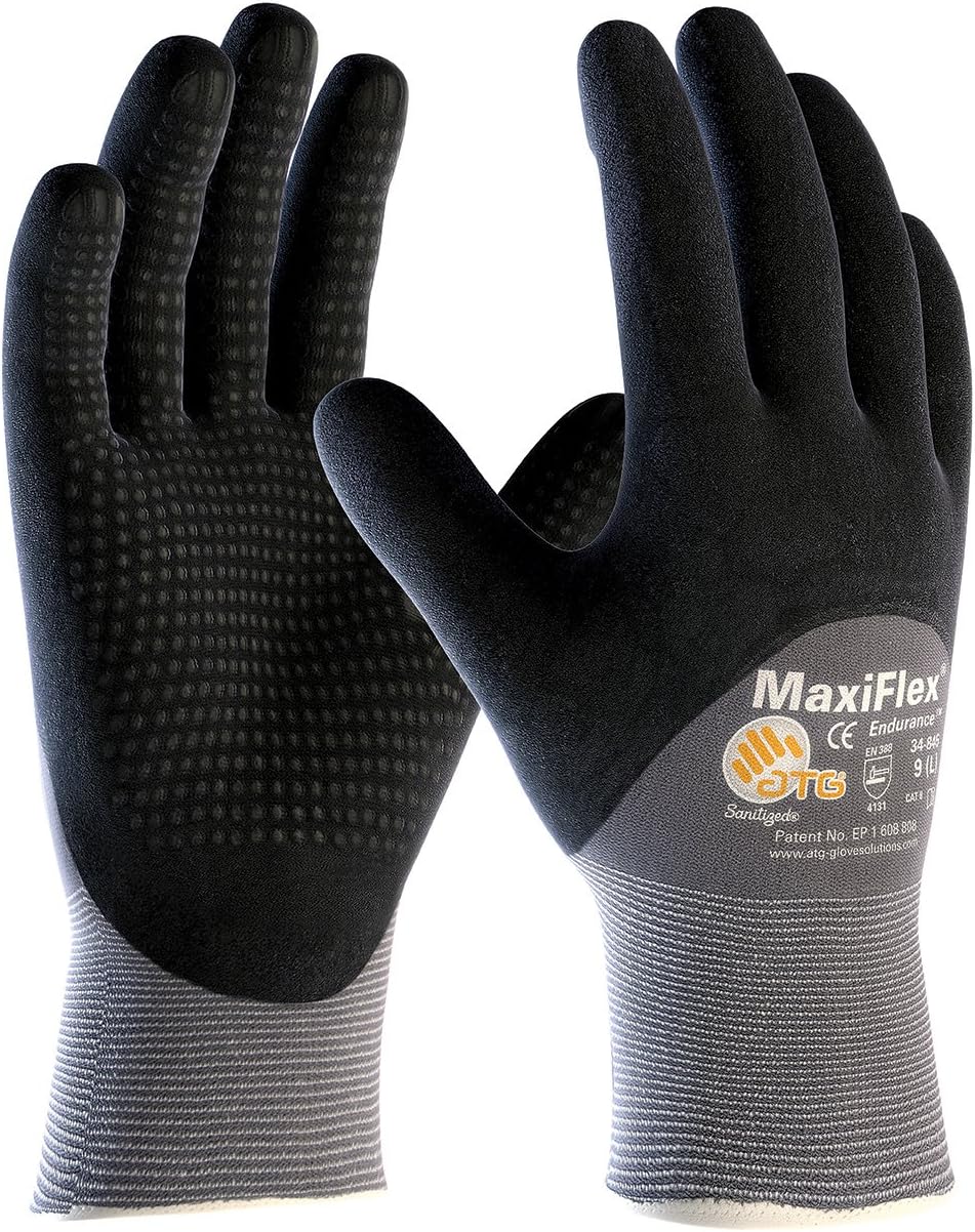 ATG 34-845/XL MaxiFlex Endurance by ATG Black Nitrile Palm, Finger And Knuckles Coated Work Gloves With Nylon And Lycra Liner And Continuous Knit Wrist