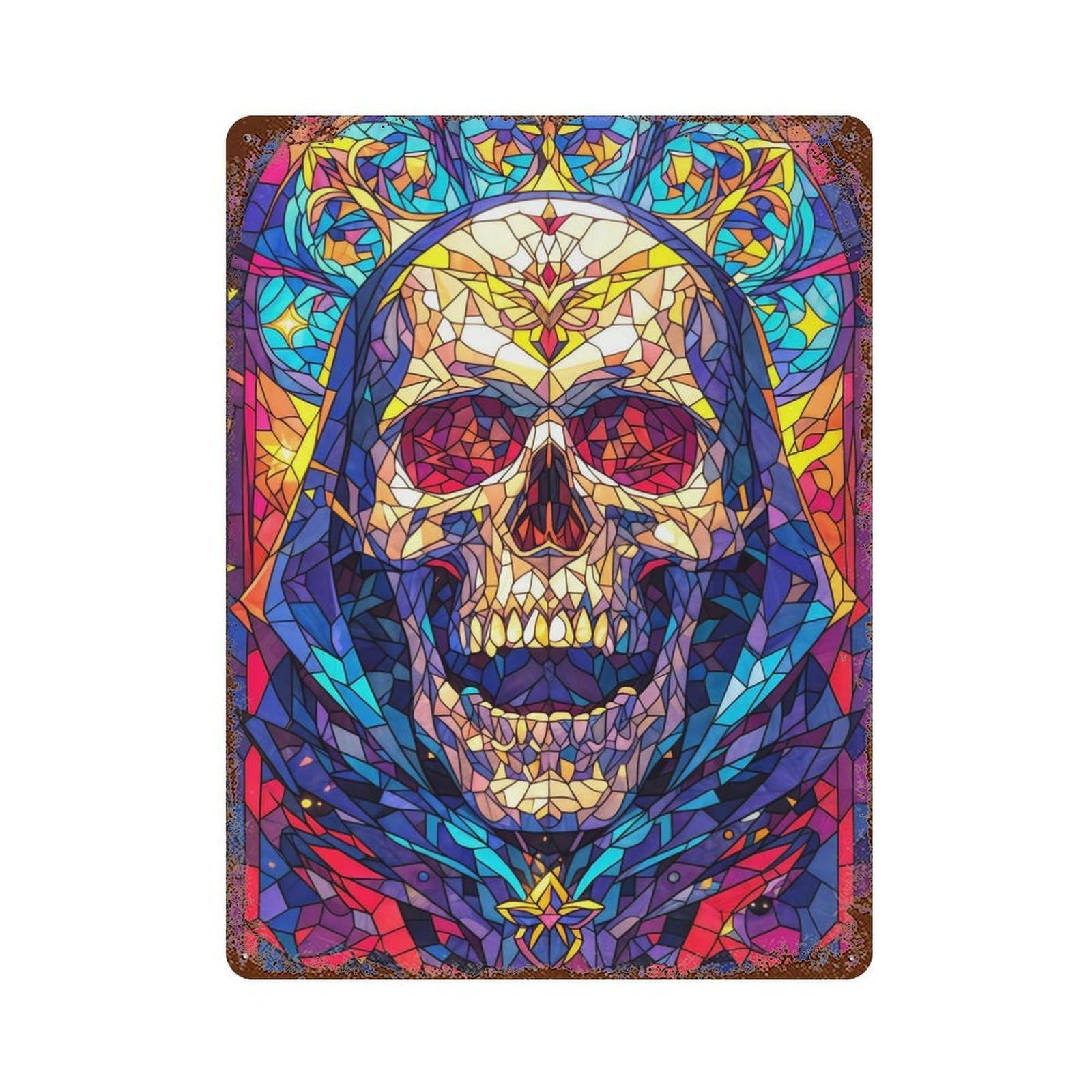 Skull Stained Glass Weathered Tin Sign 15.7"x11.8", Classic Wall Plaque for Garage, Bar And Workshop Decor