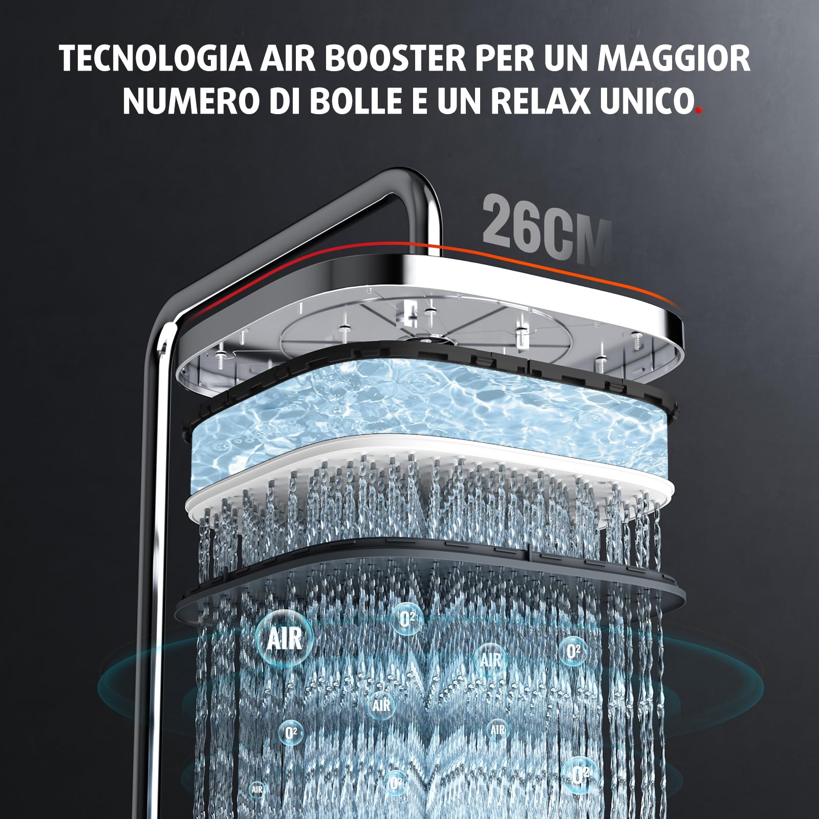 Rainsworth Sistema doccia con termostato e ripiano in vetro cromato – con doccia a pioggia 26 x 26 cm, doccetta 3 tipi di getti – Set doccia a pioggia