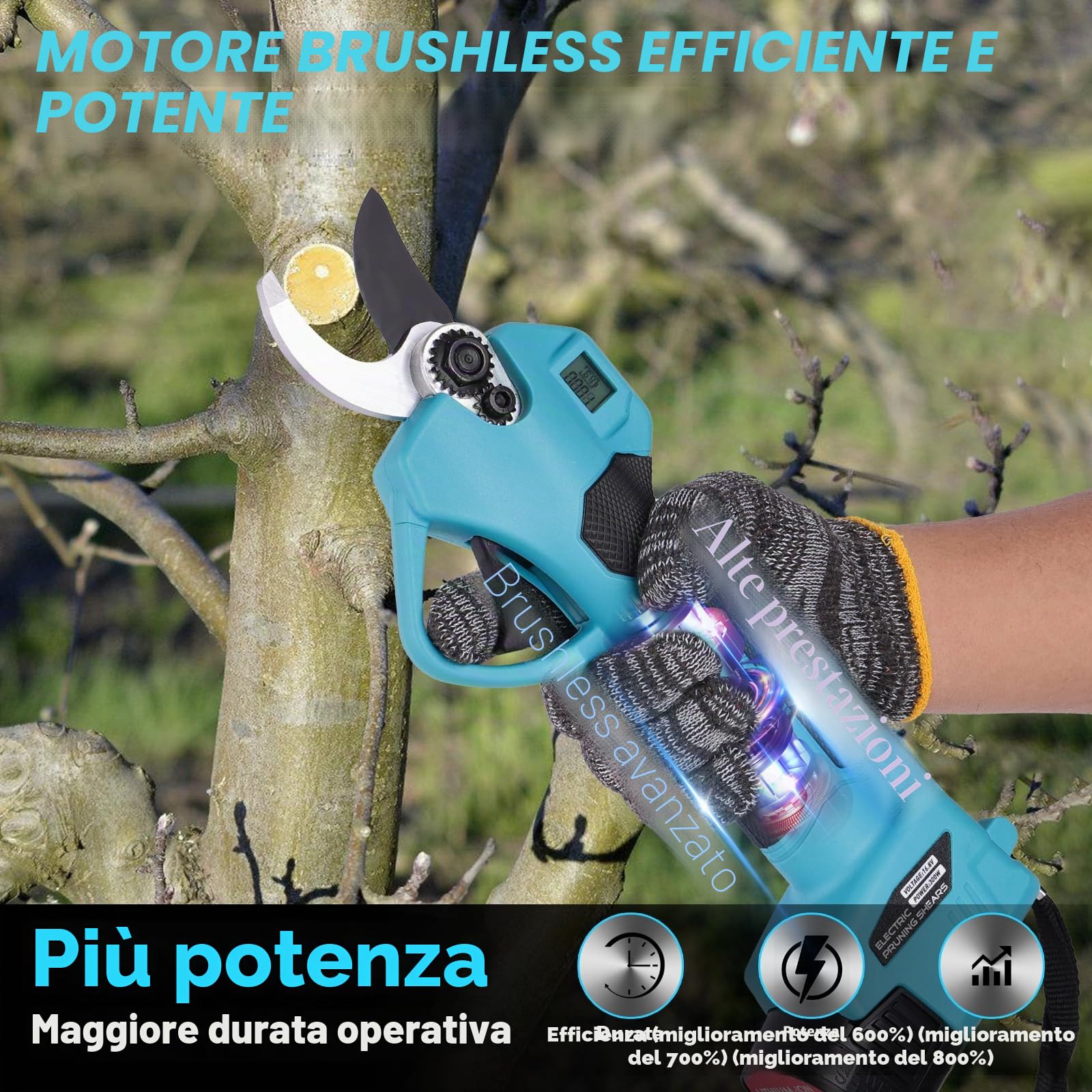 Forbici Potatura a Batteria 35mm 2 Batterie 21V 2.0Ah, Cesoie Elettriche con Motore Brushless, Lame SK5 Rivestite in PTFE per Giardino, Ulivi e Alberi da Frutto Blu