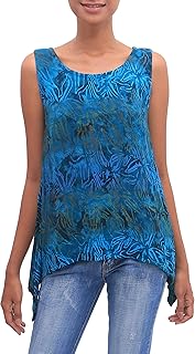 Artisan Handmade Rayon Batik Tank Top Sleeveless Women's with Teal Floral Print Clothing Tees Indonesia 'Kenanga'
