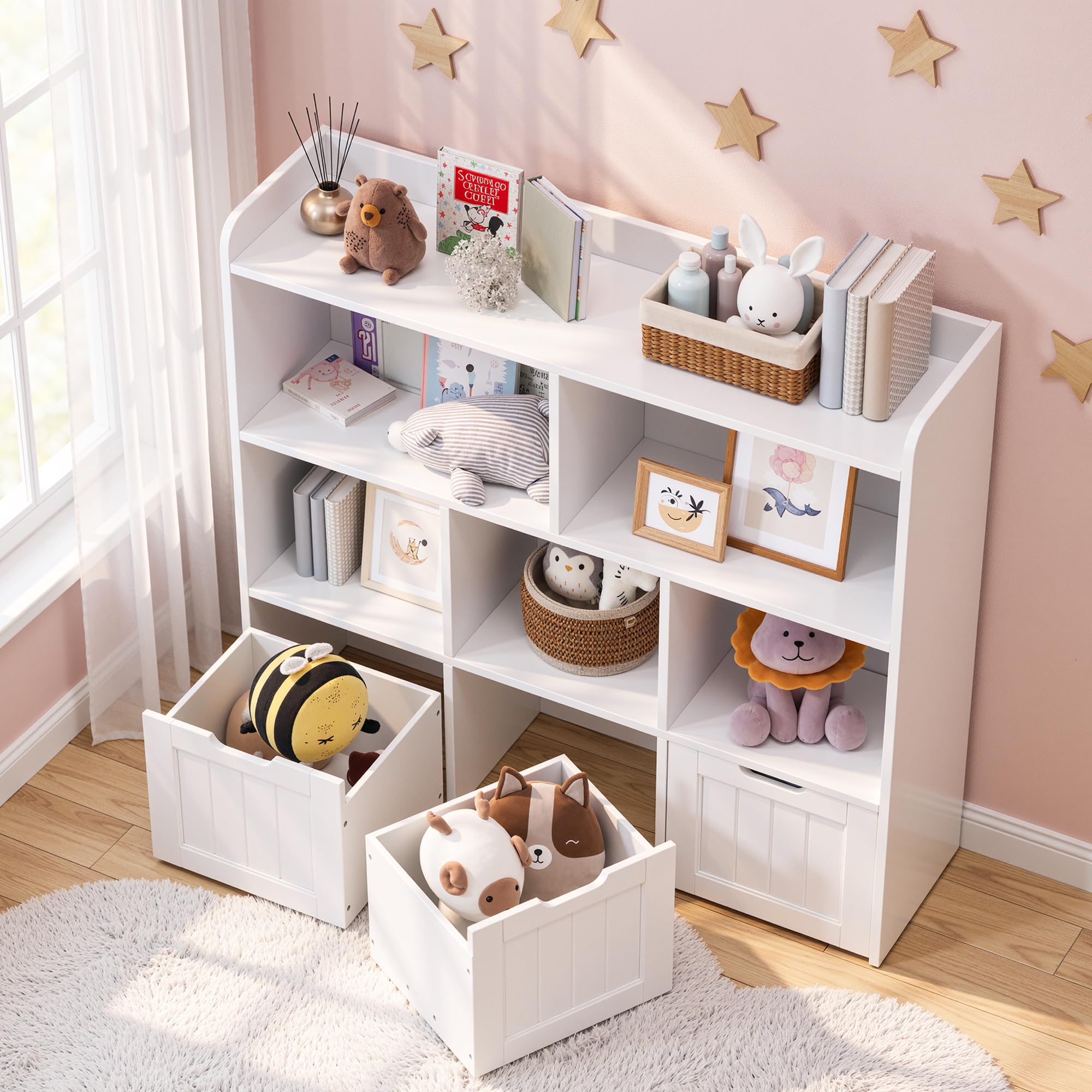 Xbro Meuble Rangement Jouets Enfant Bibliothèque avec 3 Tiroirs Coulissants et 6 Étagères Barrière Anti-Chute pour Chambre, Salle de Jeu, Blanc