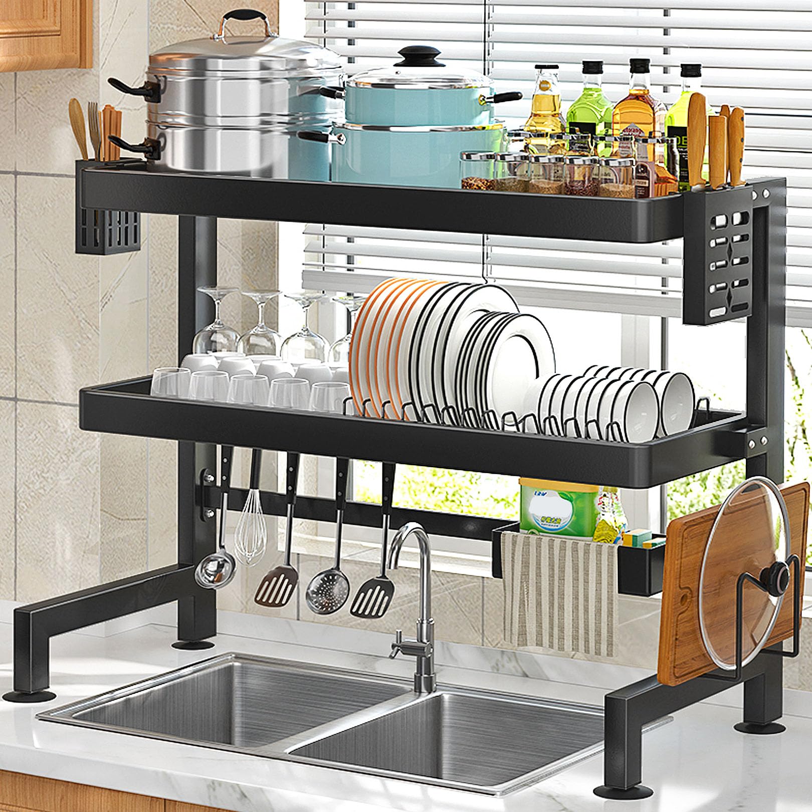 Escurridor de platos negro sobre el fregadero con soporte para utensilios, escurridor de encimera de cocina que ahorra espacio para platos, vasos y utensilios, elegante diseño negro, acero