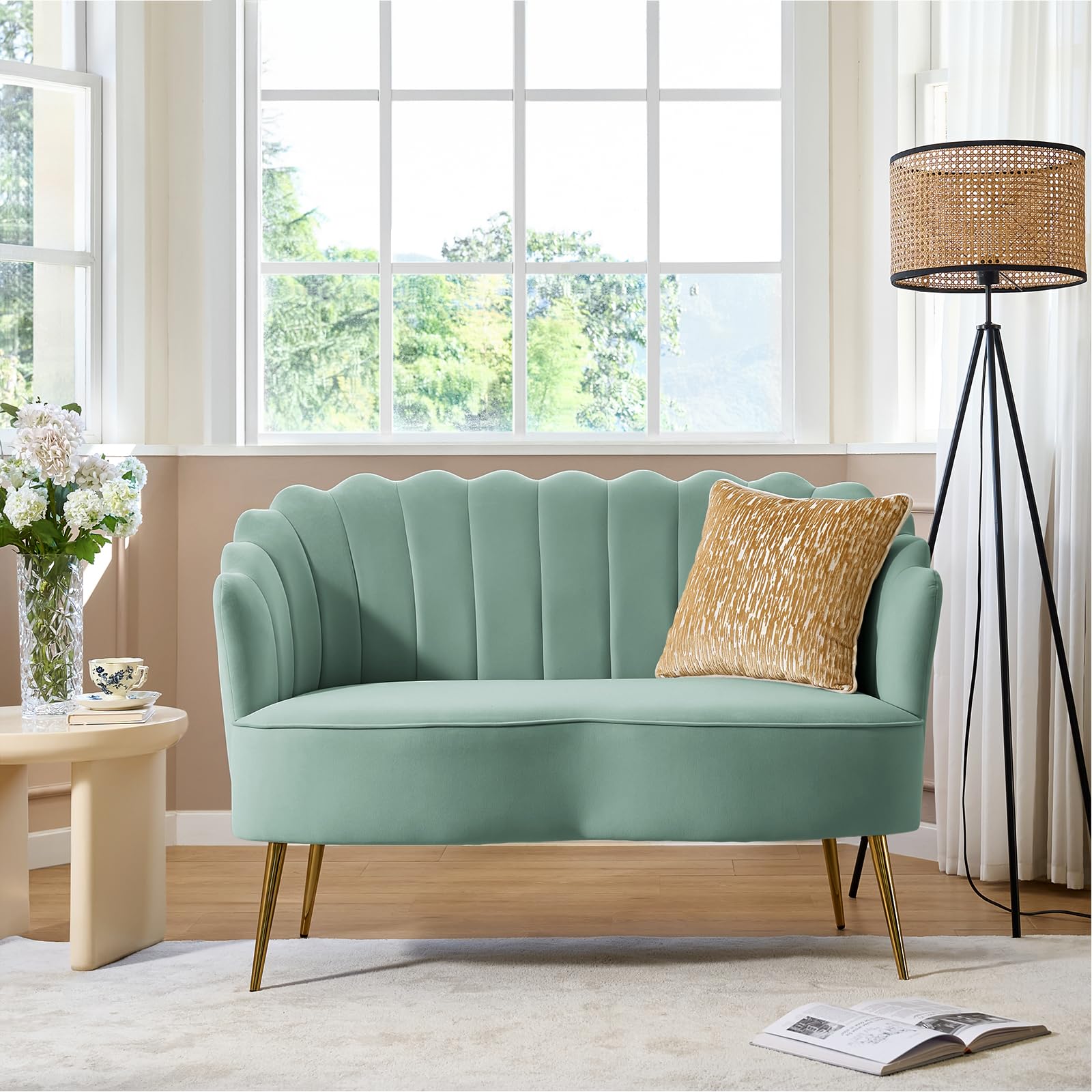 HULALA HOME Modern Velvet Loveseat Sofa with Flower Shaped Back, Comfy Upholstered 2-Seater Sofa with Gold Metal Legs, Small Love Seat Accent Couch for Living Bedroom Leisure Areas, Sage-image-15