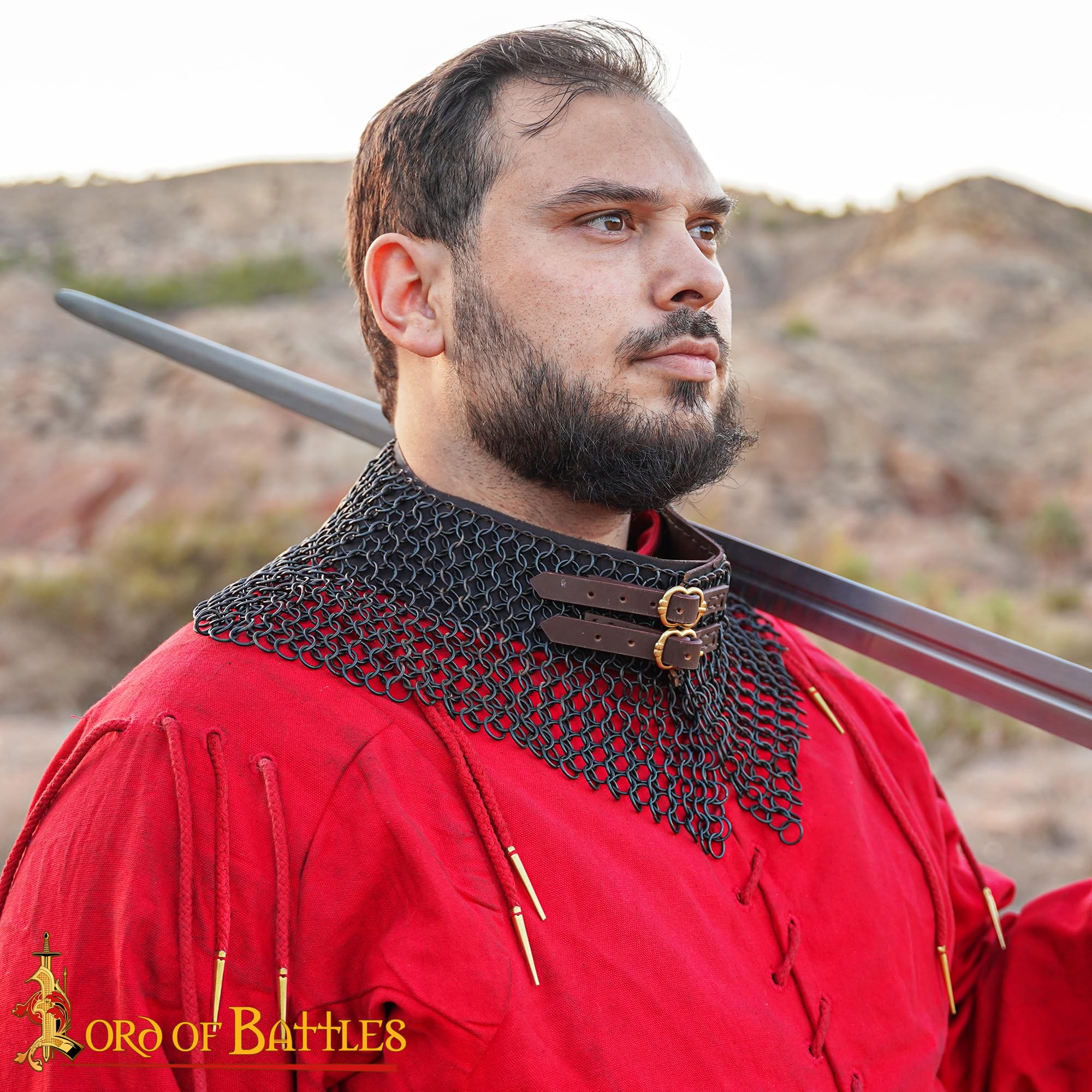 Lord of Battles Kettennetz-Halsband, mittelalterlicher Halsschutz, 10 mm, 16 G, konifizierte Ringe, Baustahl, Maille, Halsschutz