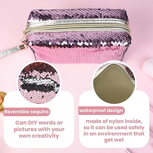 Miniatura 3 de Bolsas de cosméticos de viaje con lentejuelas mágicas reversibles, con purpurina, organizador de maquillaje, bolso para mujer, Rosado