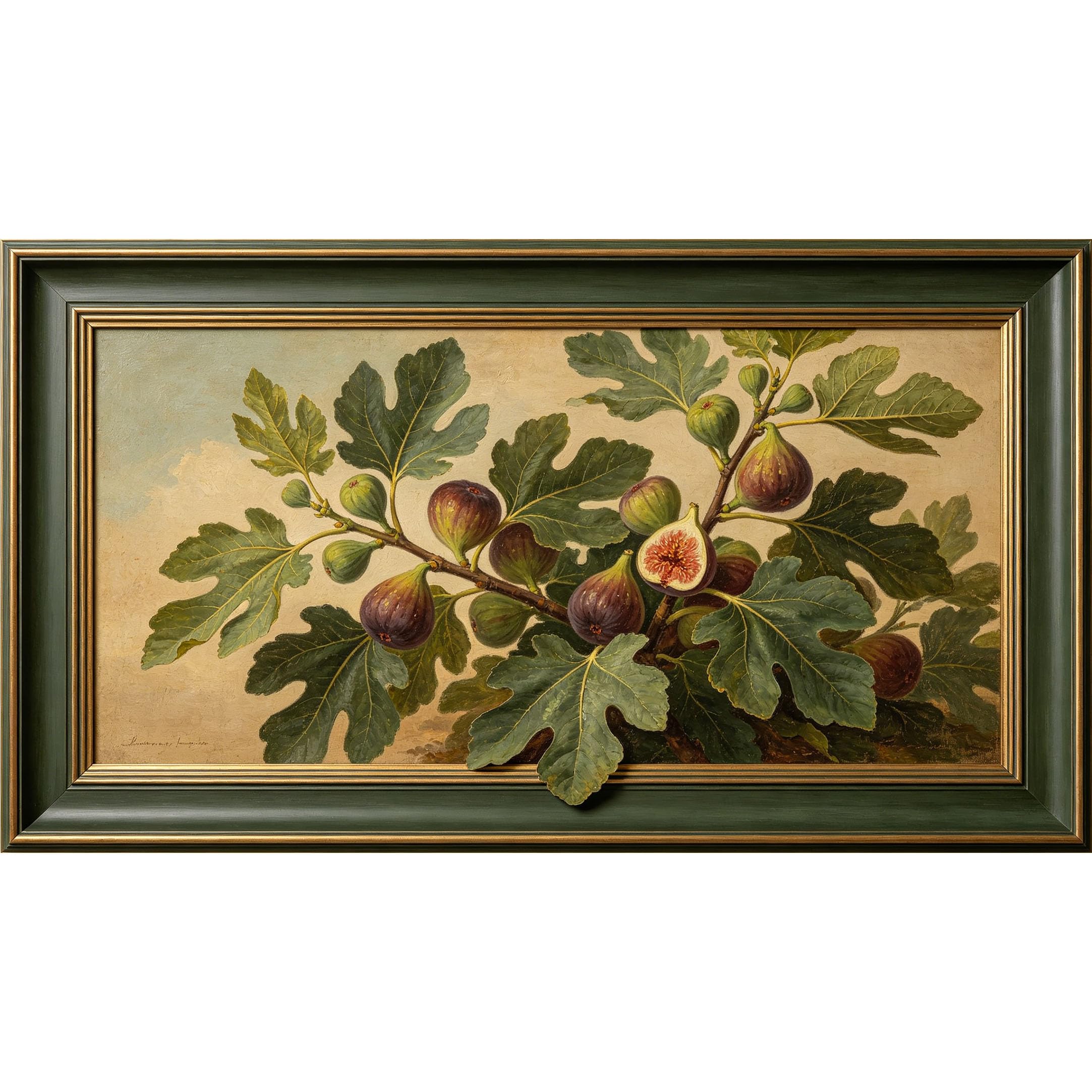 QZLITHOTIC 50x90cm3D Framed Wall Art， Botanical Fig Branch Oil Painting Self‑Adhesive Mural， Water‑Activated Peel & Stick Fabric Decor Wall Decal for Bedroom Living Room
