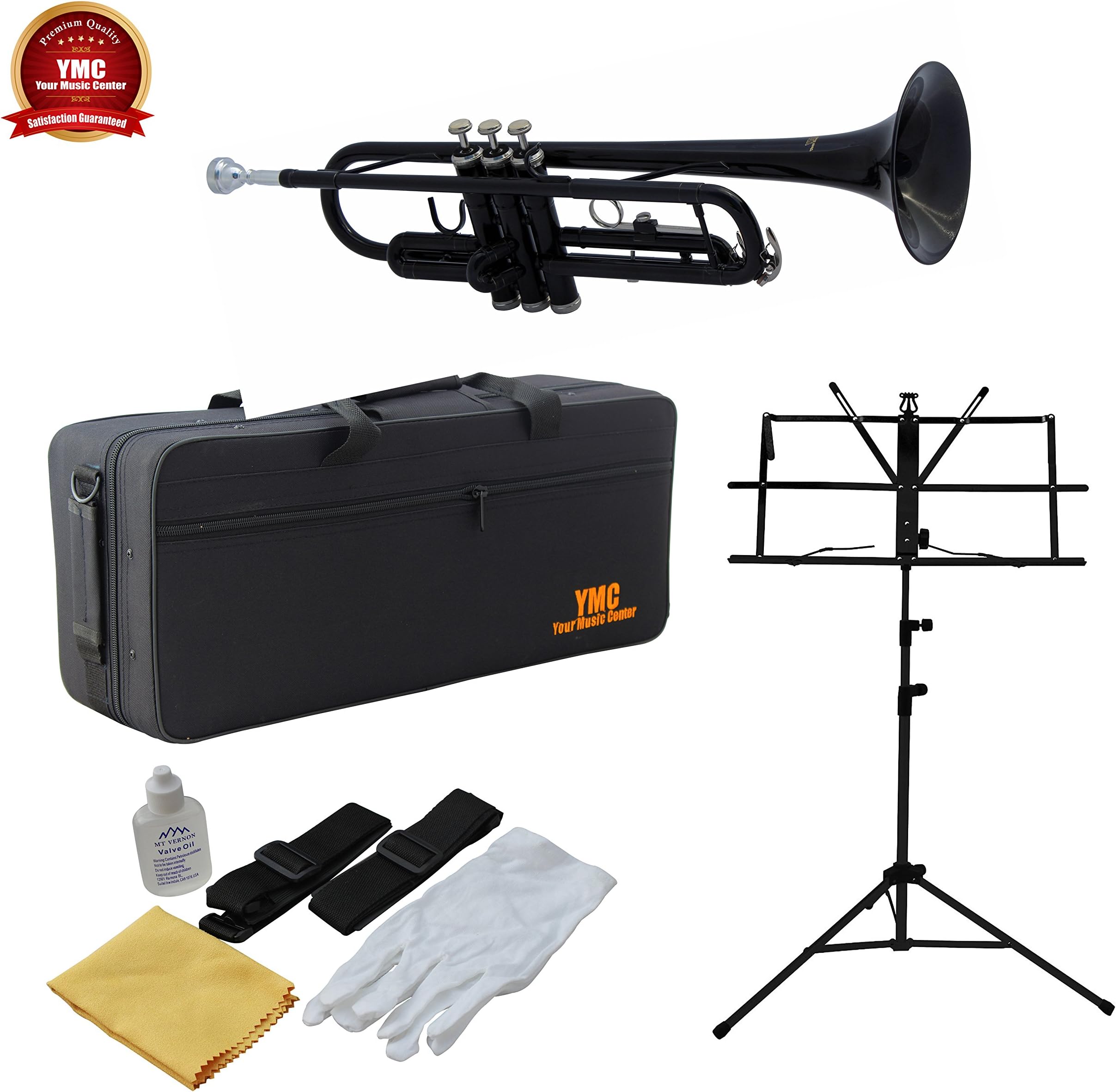 YMC New Concert Band Black Plated Bb Trumpet w/ Case + Music Stand + Tuner - Teacher Approved